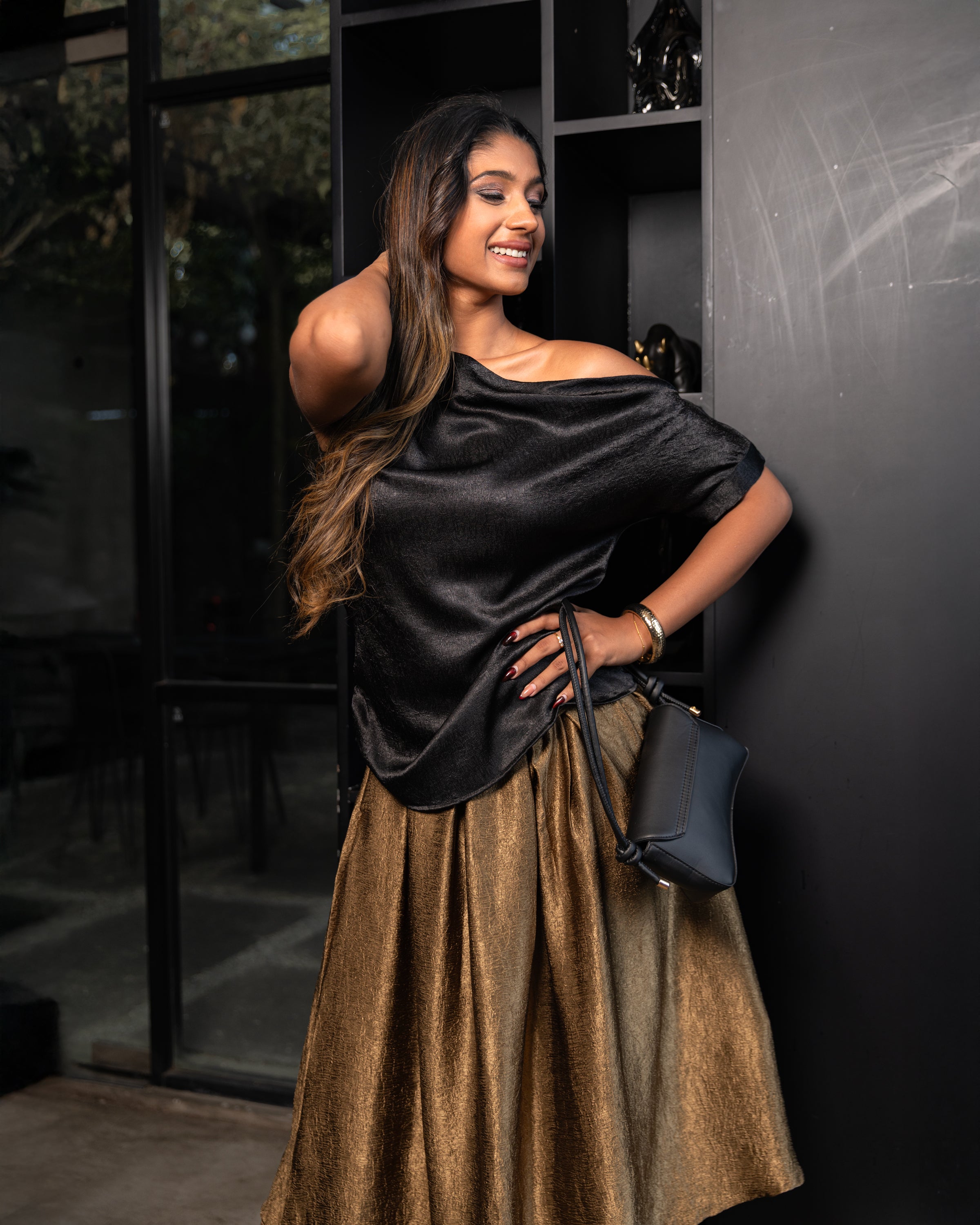 Crimson Pleated Satin Skirt - Bronze