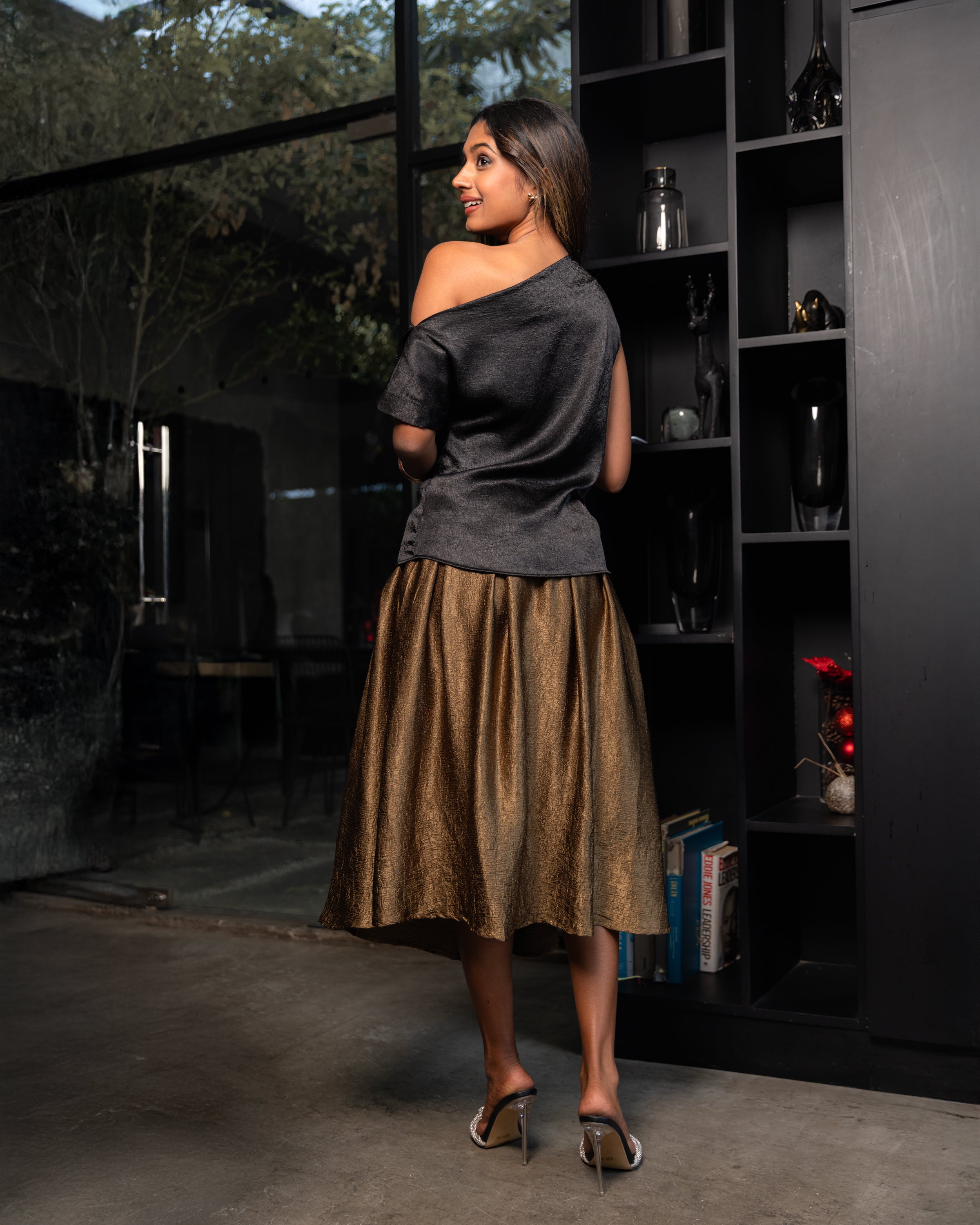 Crimson Pleated Satin Skirt - Bronze