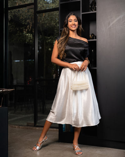 Crimson Pleated Satin Skirt - White