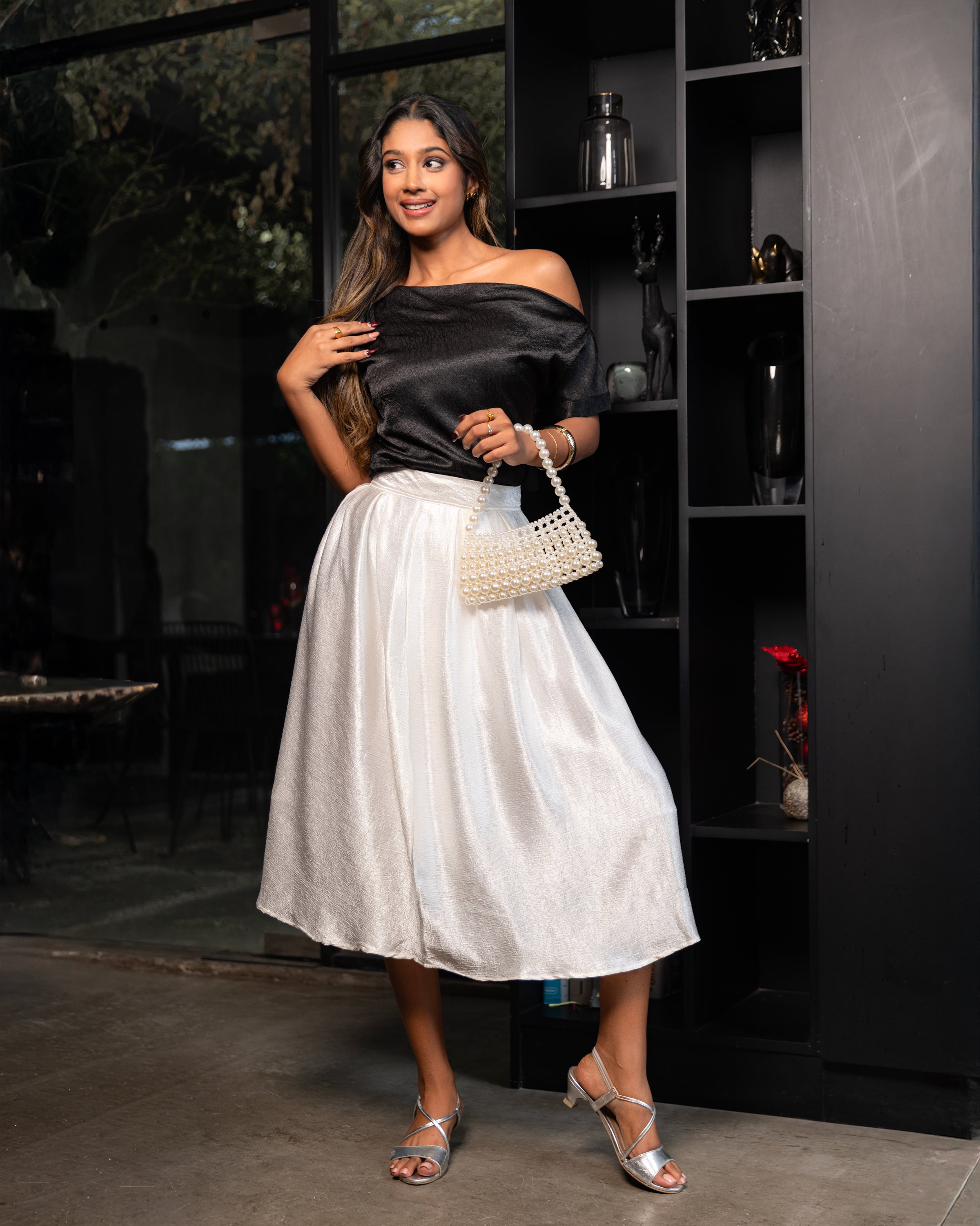 Crimson Pleated Satin Skirt - White