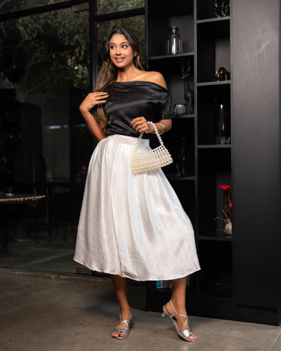 Crimson Pleated Satin Skirt - White