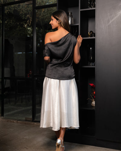 Crimson Pleated Satin Skirt - White