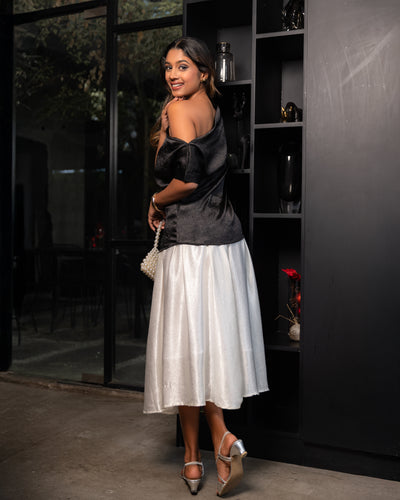 Crimson Pleated Satin Skirt - White