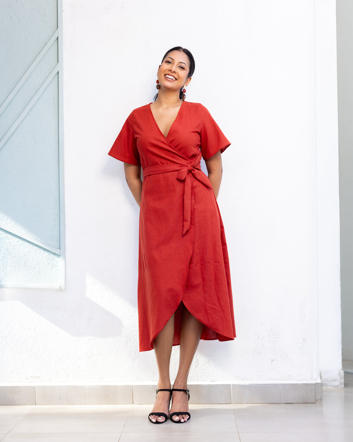 Kiara Linen Wrap Dress - Brick