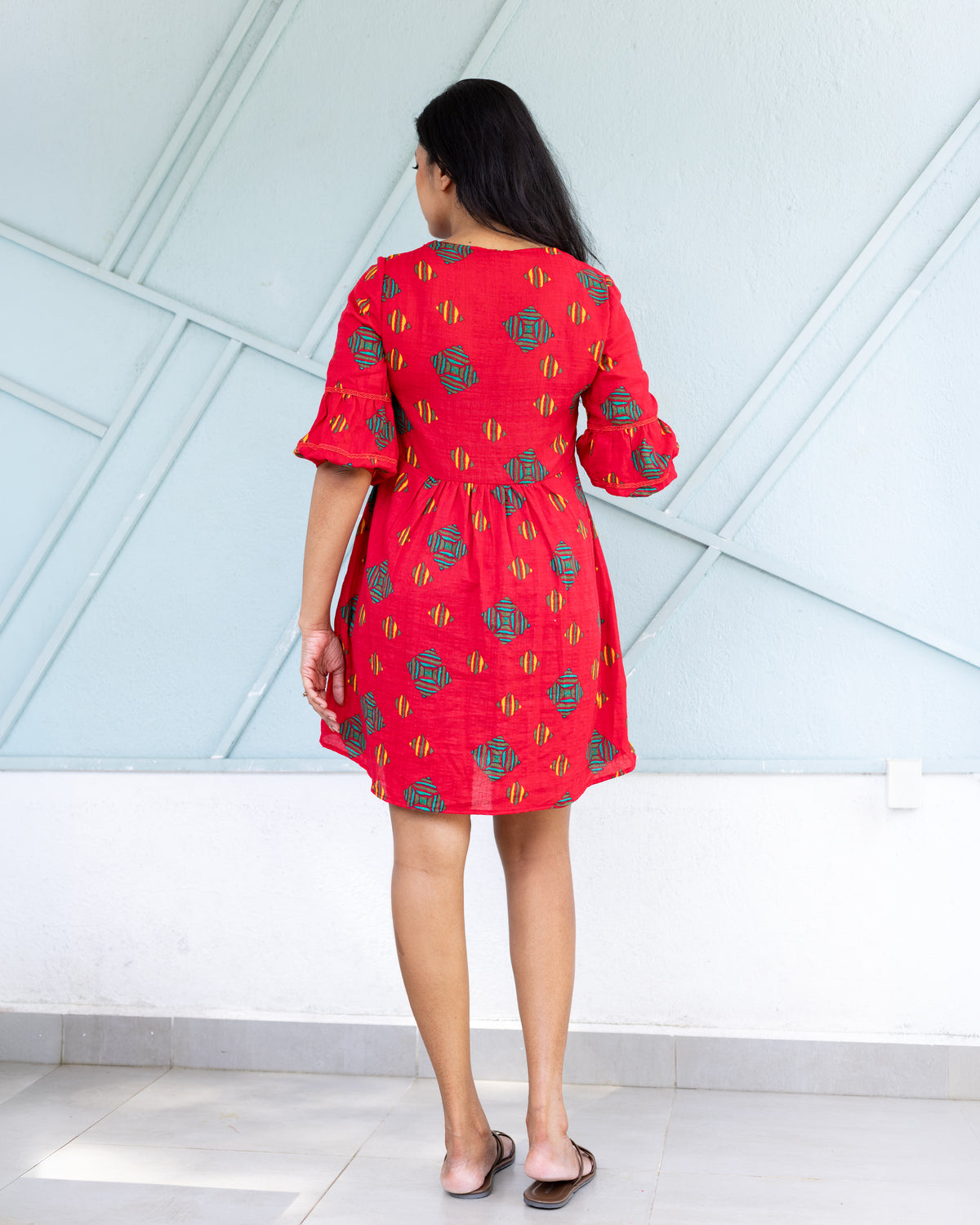 Calista Lace Detail Dress - Red Print