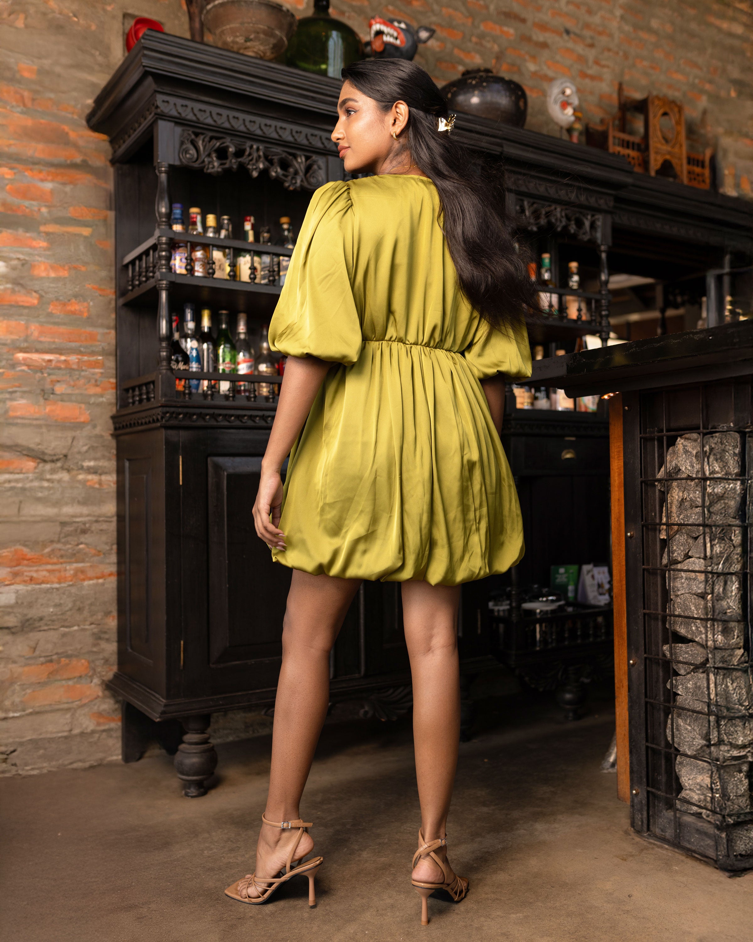 Dazzle Balloon Mini Dress - Olive Green