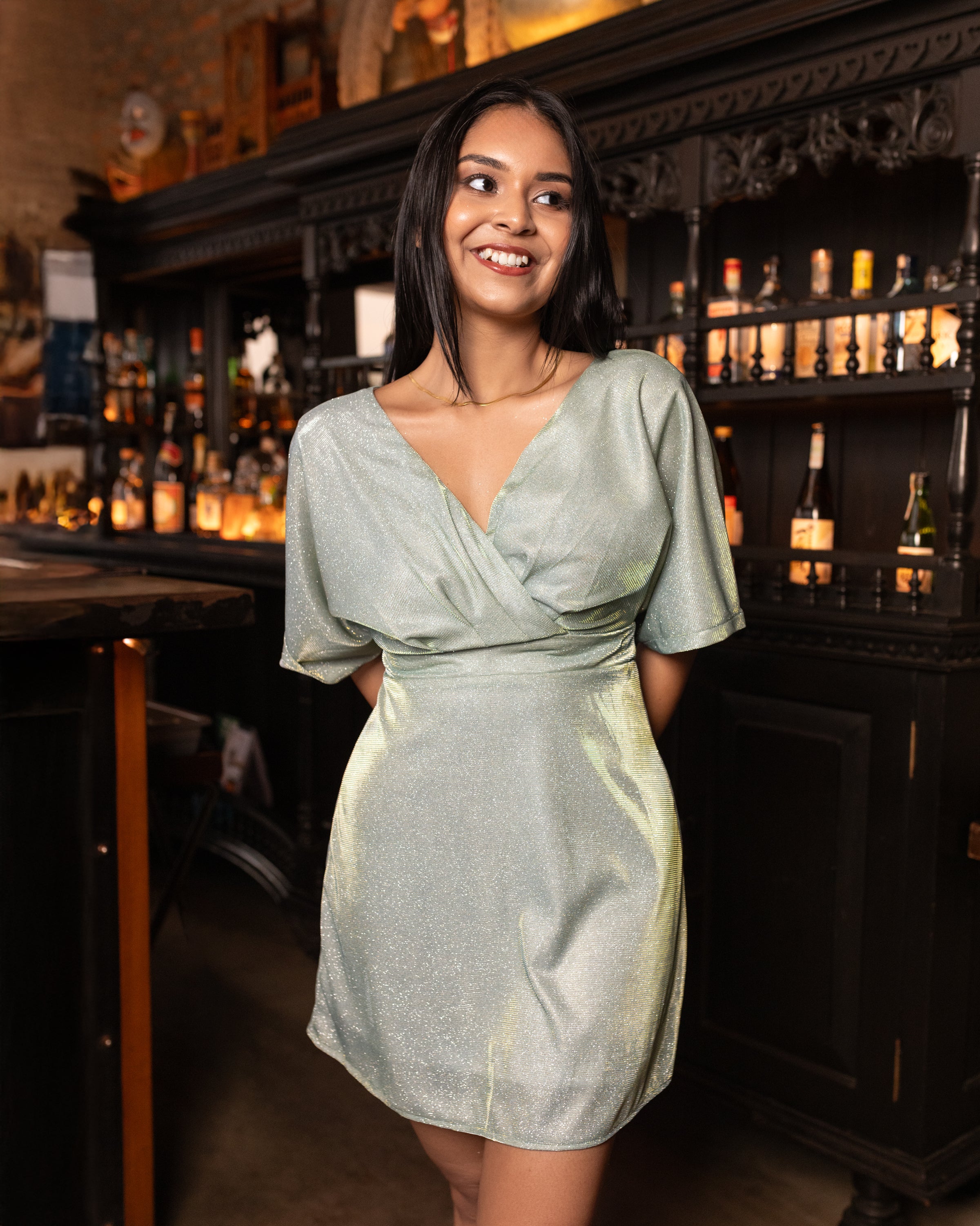 Belle Shimmer Mini Dress - Sage