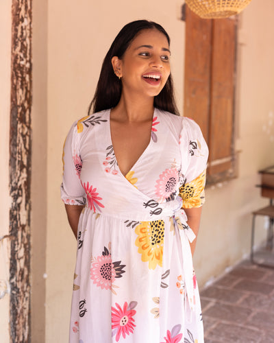Amelia Cotton Floral Wrap Dress - White Printed