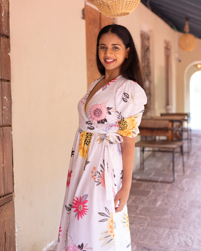 Amelia Cotton Floral Wrap Dress - White Printed