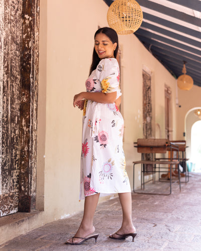 Amelia Cotton Floral Wrap Dress - White Printed