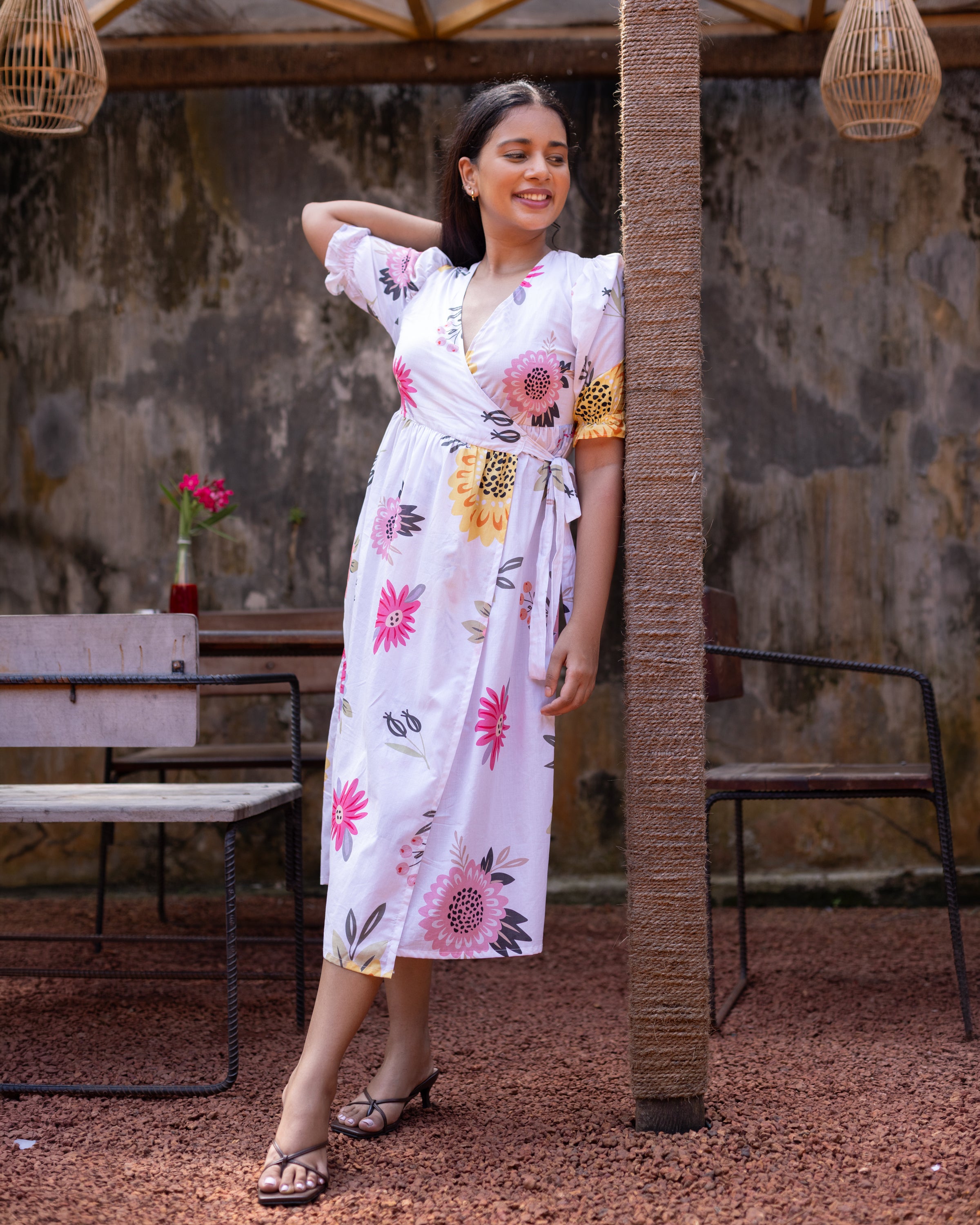 Amelia Cotton Floral Wrap Dress - White Printed