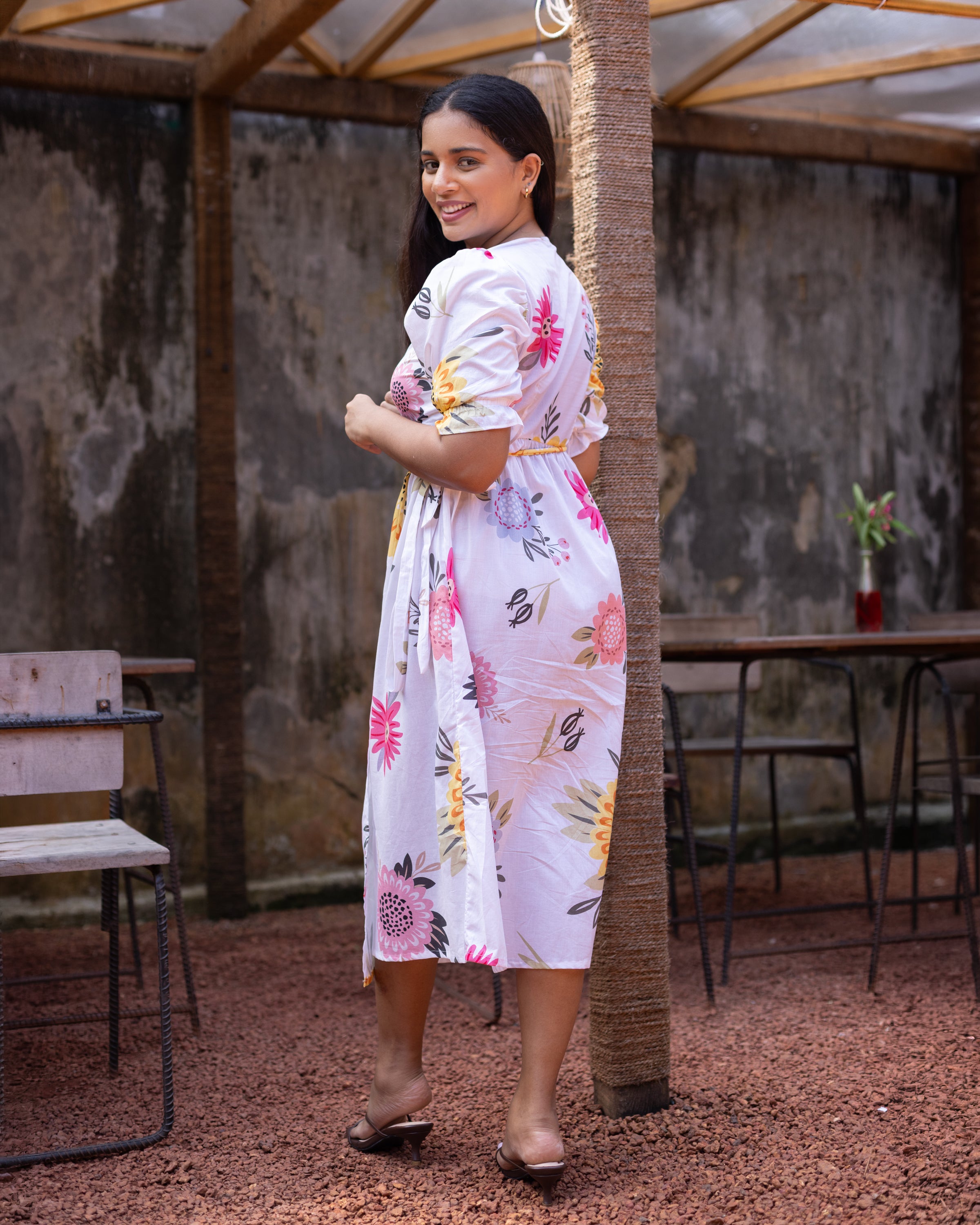 Amelia Cotton Floral Wrap Dress - White Printed