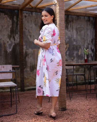 Amelia Cotton Floral Wrap Dress - White Printed