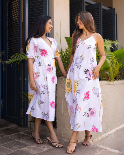 Amelia Cotton Floral Wrap Dress - White Printed