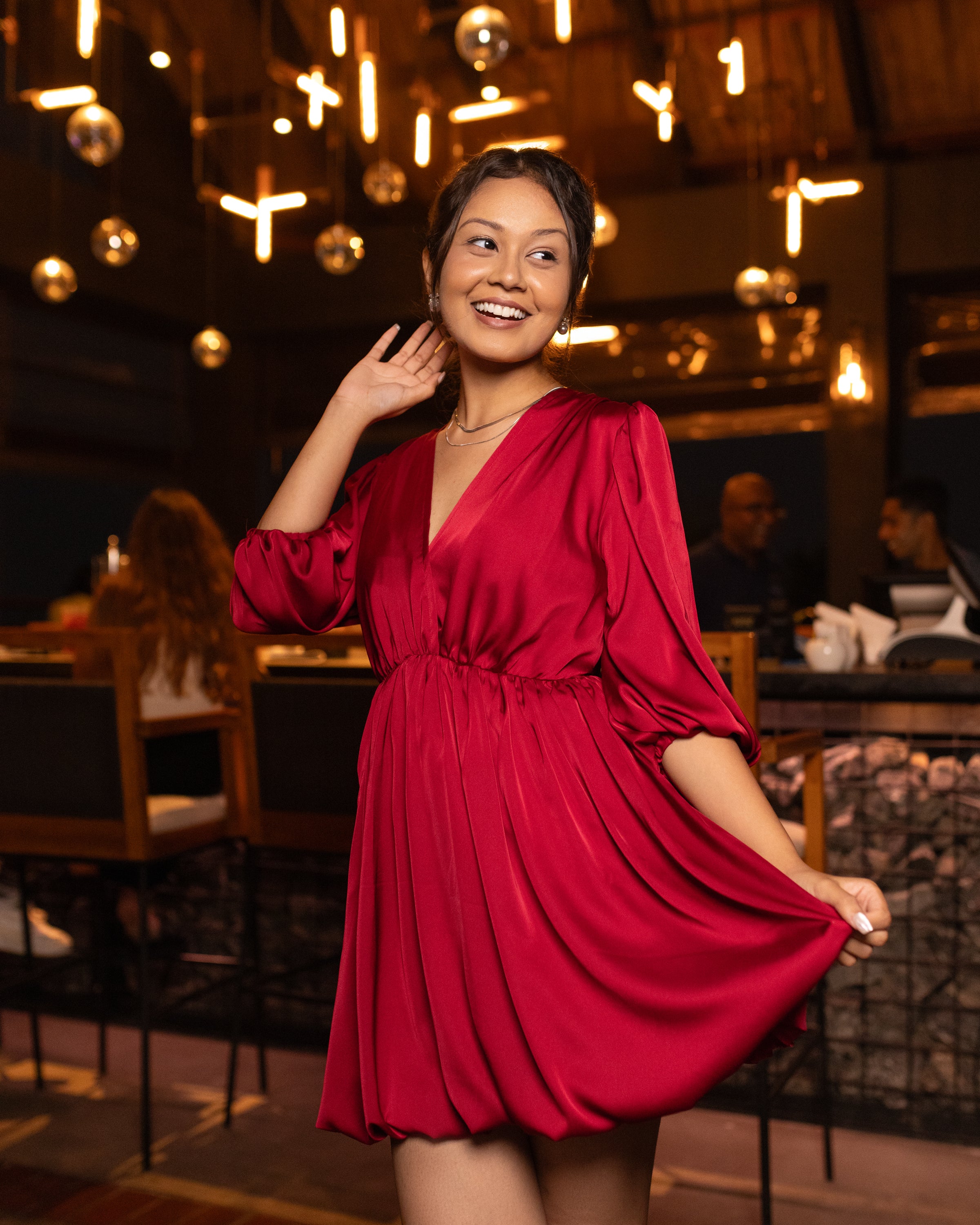 Dazzle Balloon Mini Dress - Wine Red