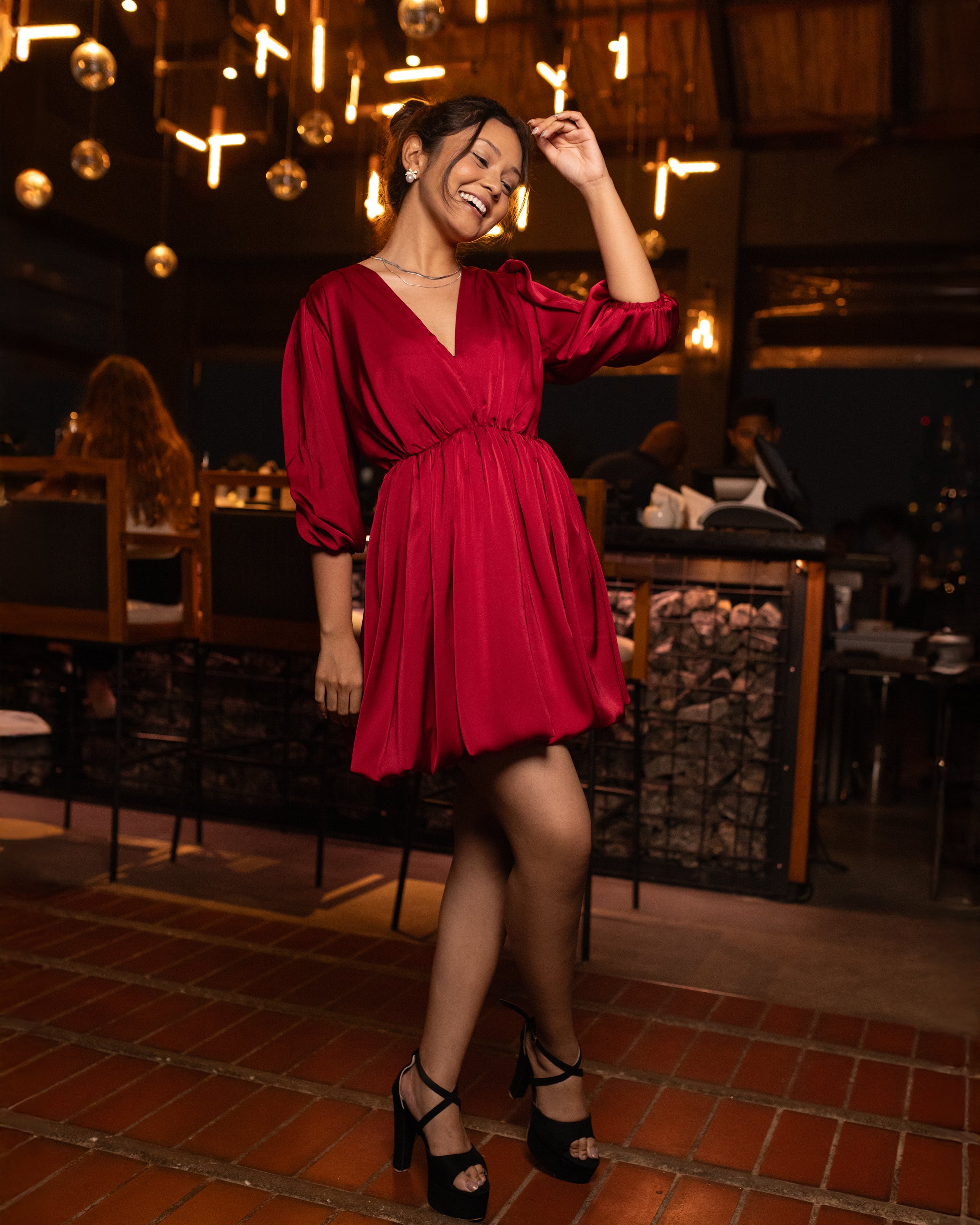 Dazzle Balloon Mini Dress - Wine Red