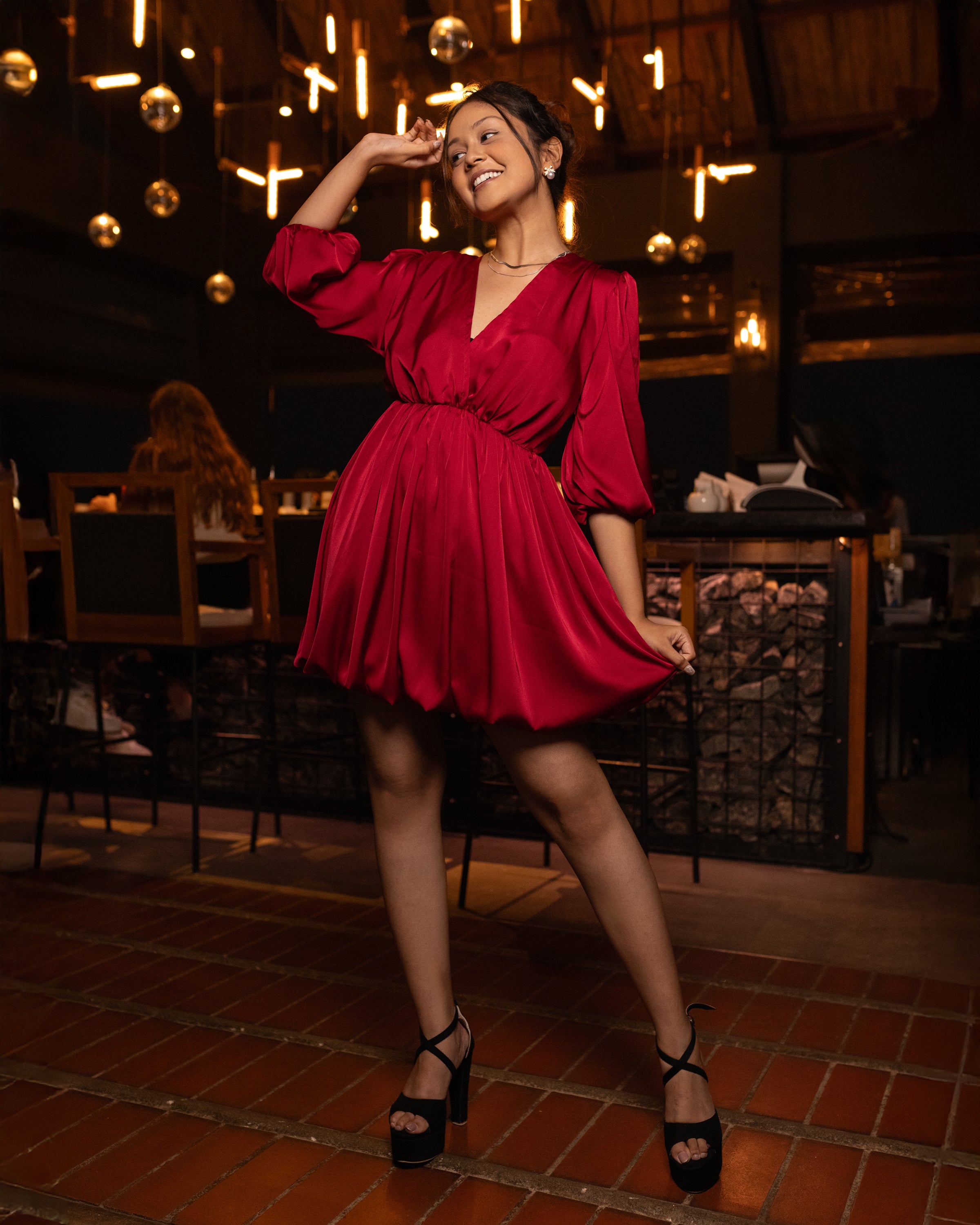 Dazzle Balloon Mini Dress - Wine Red