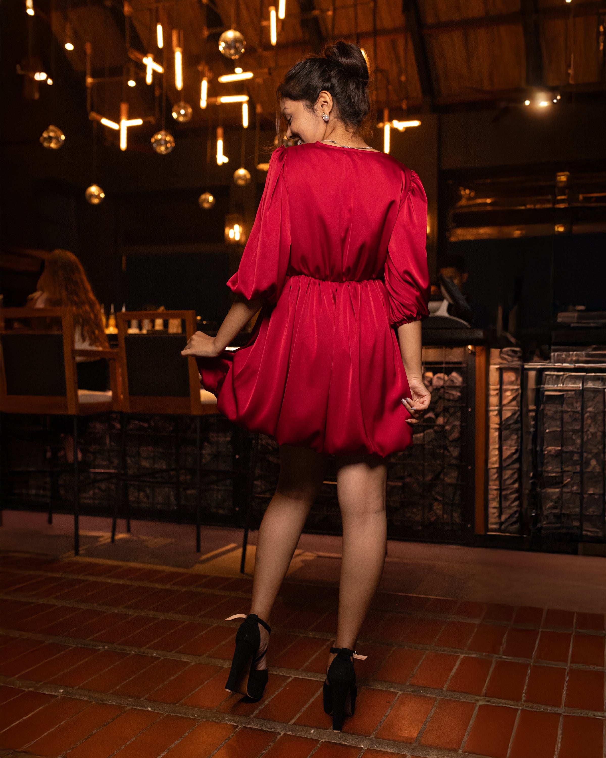 Dazzle Balloon Mini Dress - Wine Red