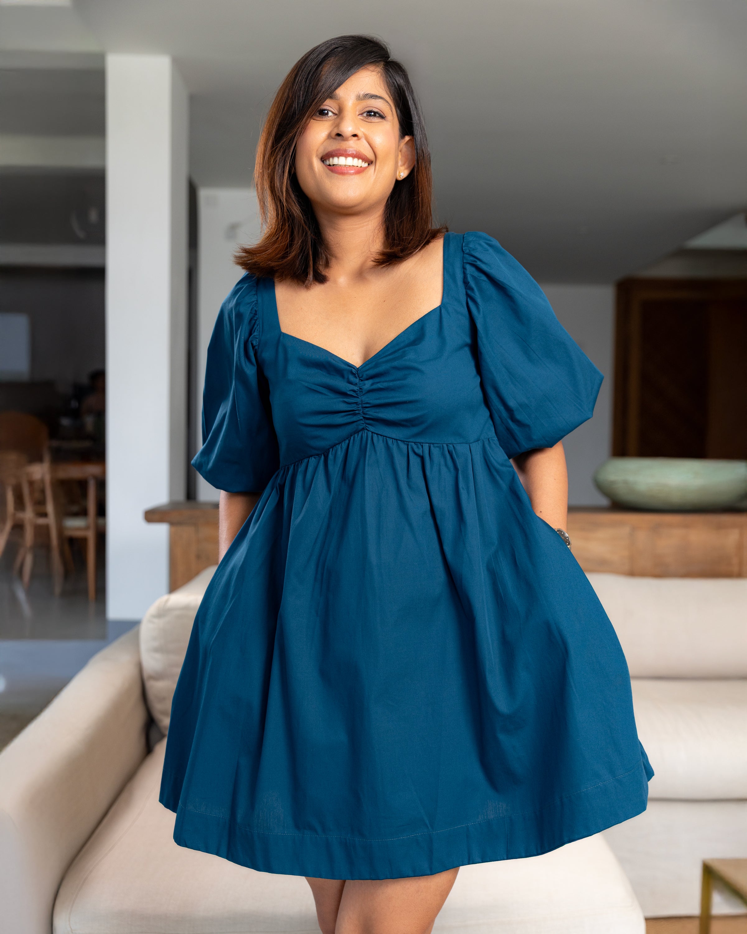 Harmony Cotton Shirred Mini Dress - Blue