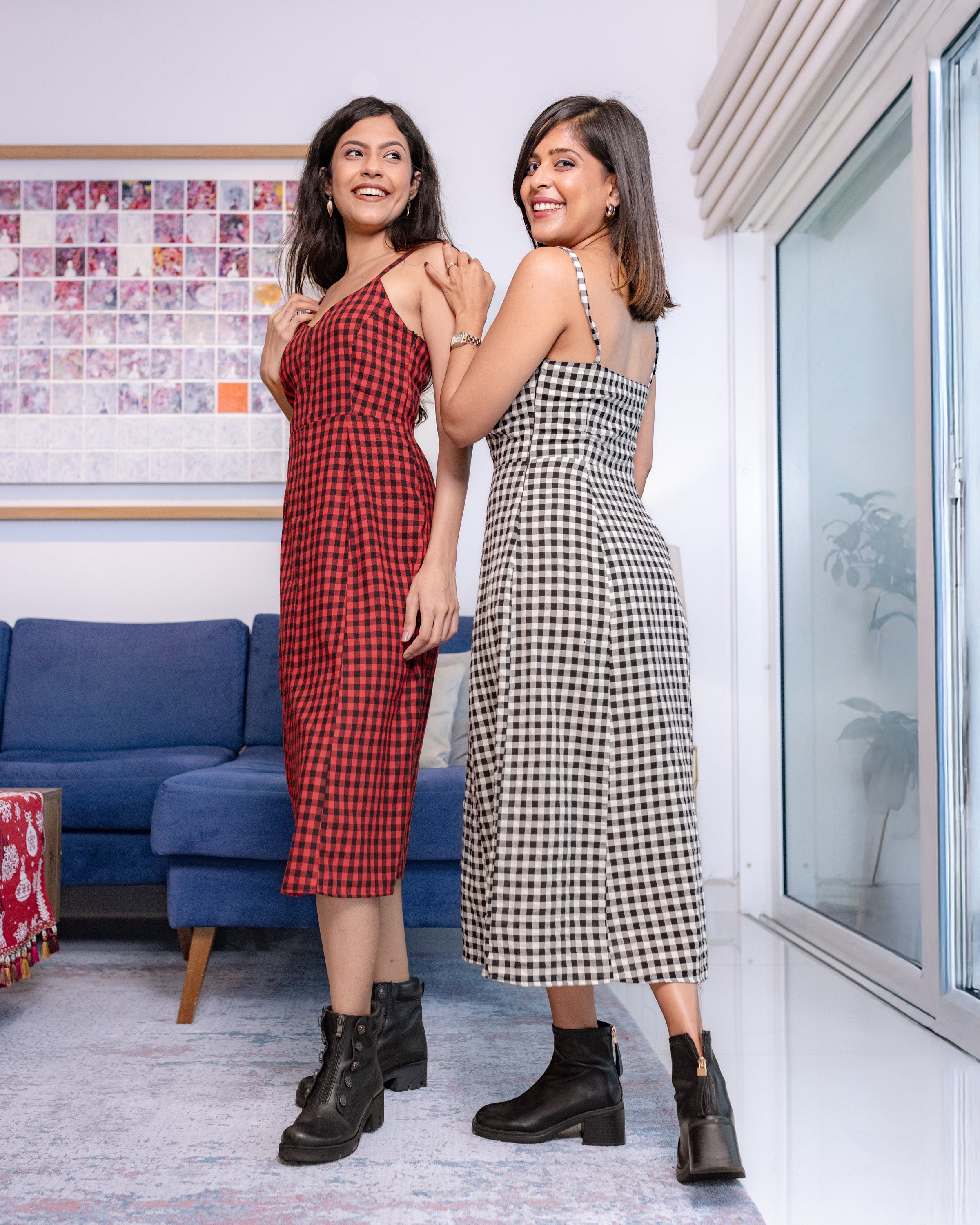 Caroll Plaid Midi Dress - Red check