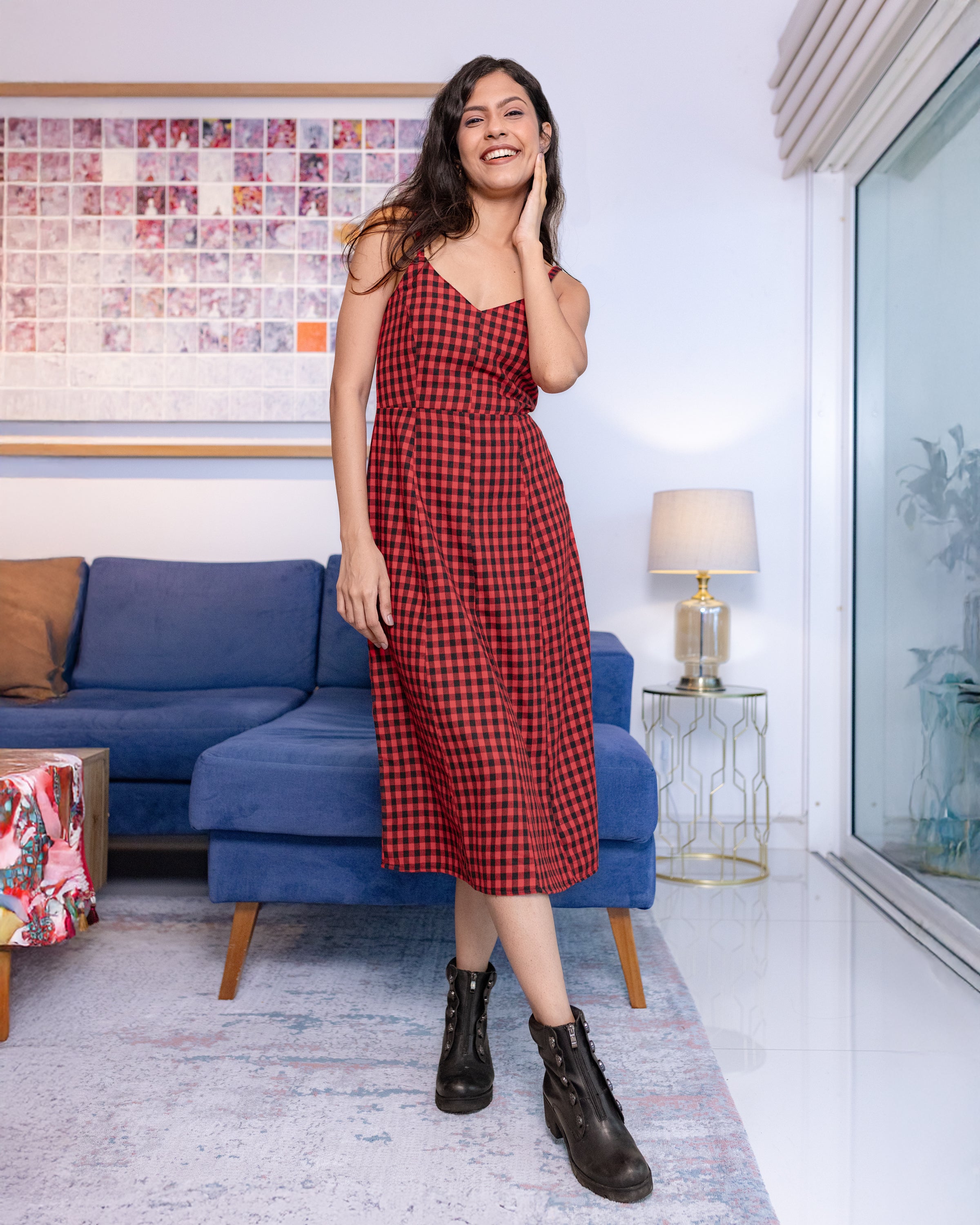 Caroll Plaid Midi Dress - Red check