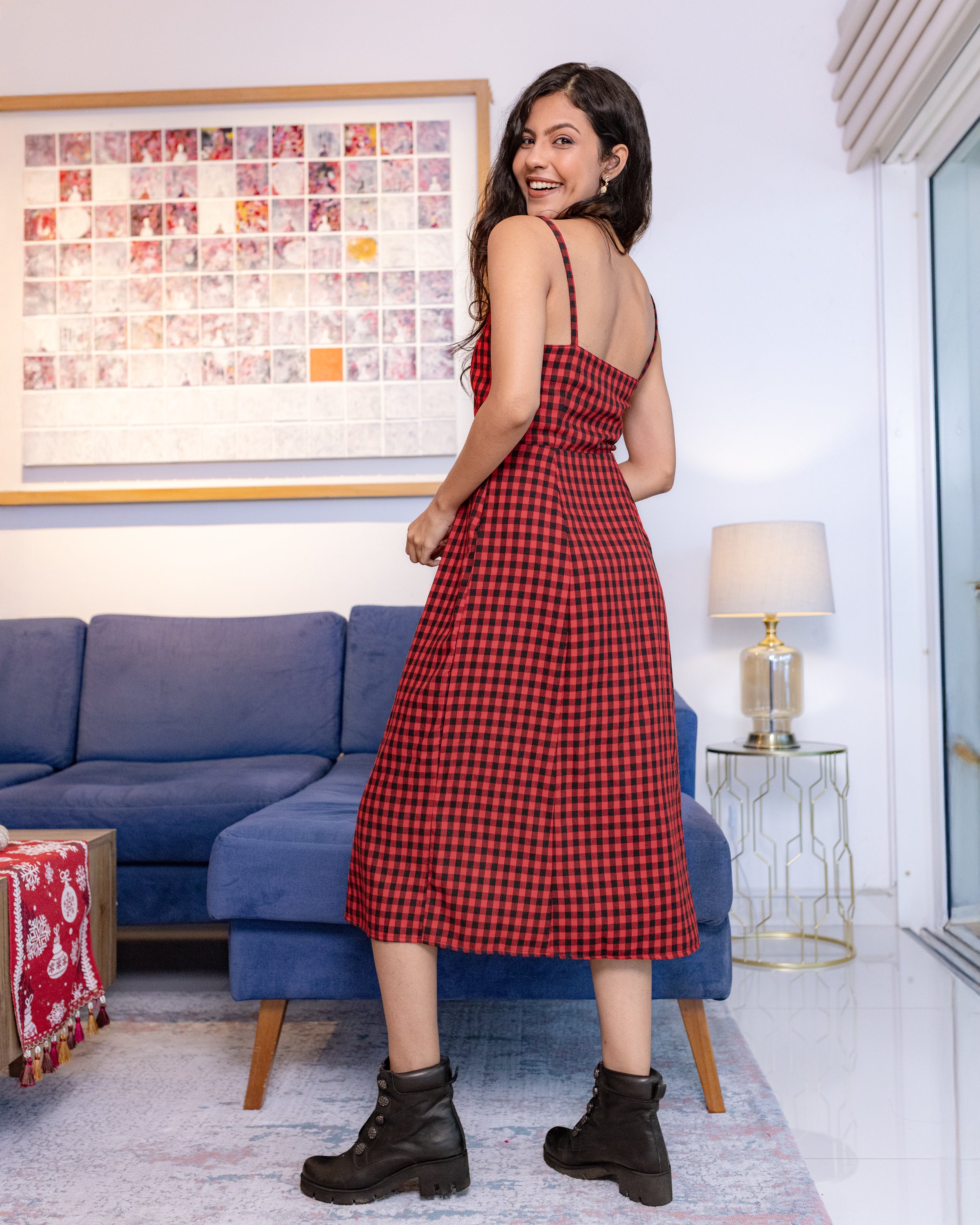 Caroll Plaid Midi Dress - Red check