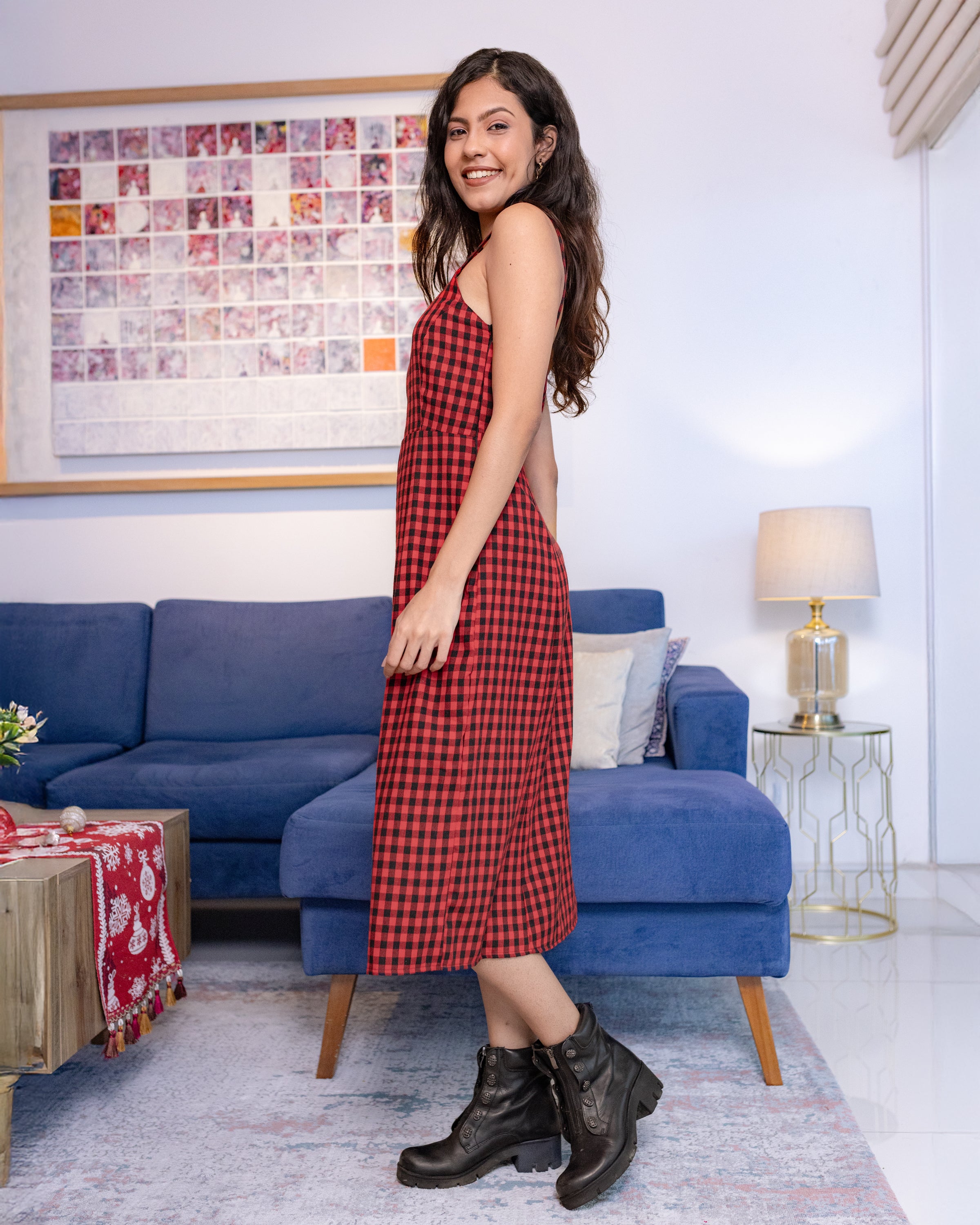 Caroll Plaid Midi Dress - Red check