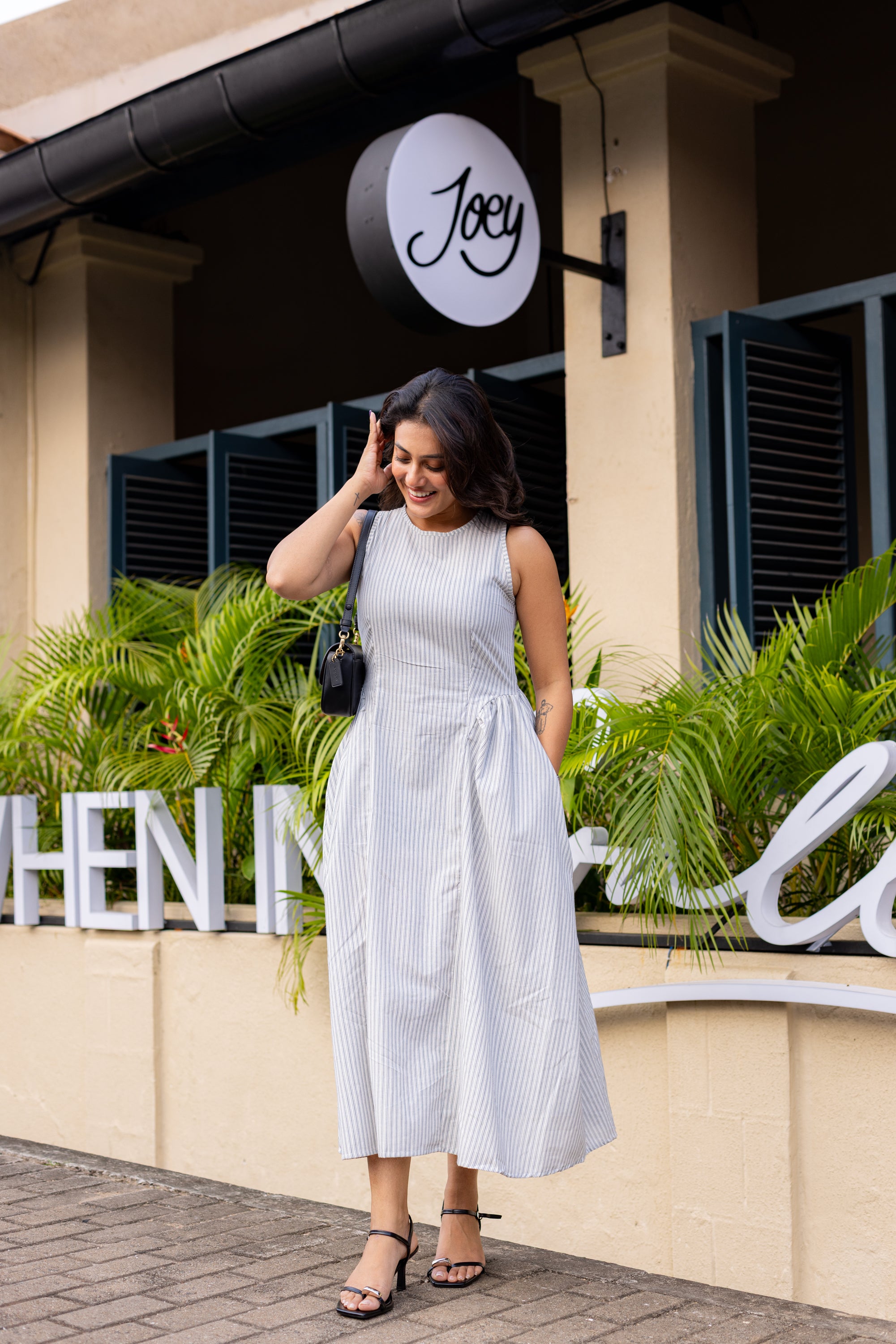 Nitya Linen Striped Detailed Midi Dress- Blue and White