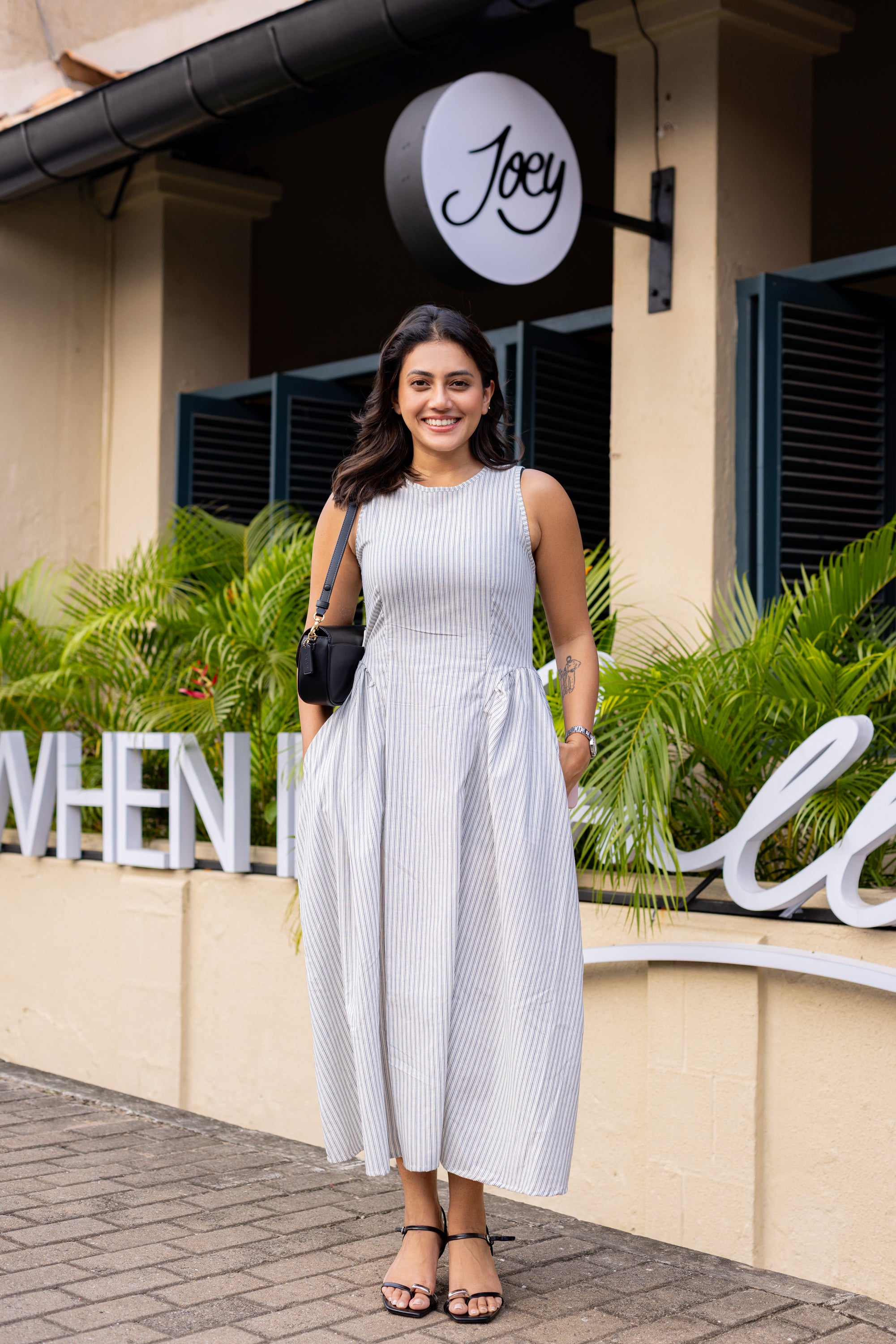 Nitya Linen Striped Detailed Midi Dress- Blue and White