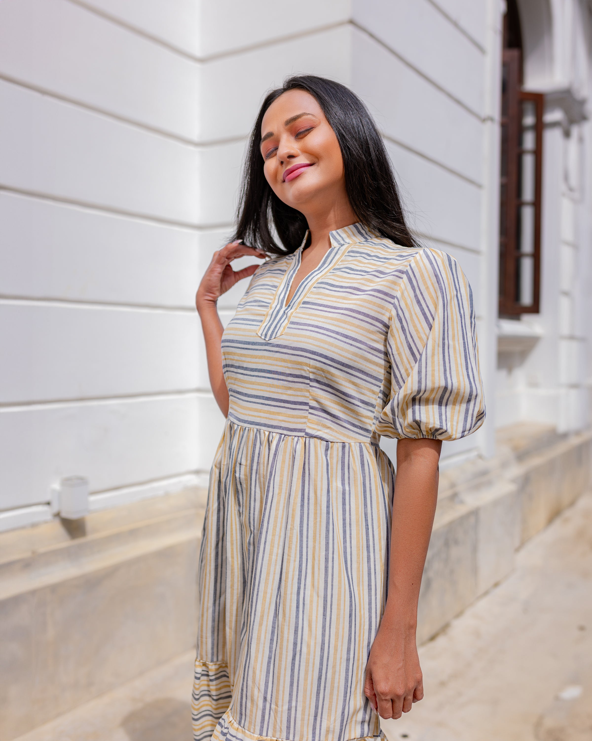 Isla Midi Dress -Beige Stripe Isla Midi Dress -Beige Stripe
