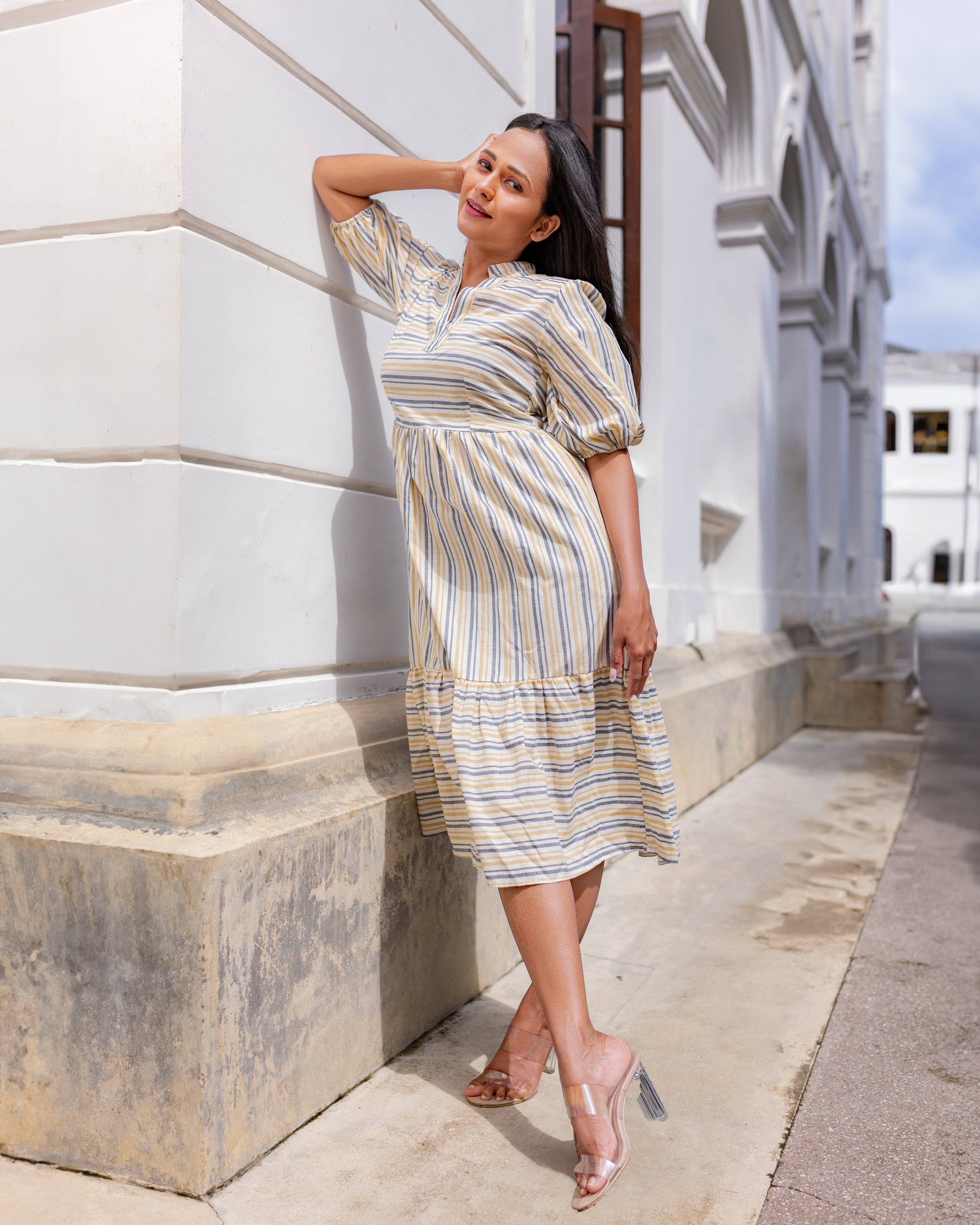 Isla Midi Dress -Beige Stripe