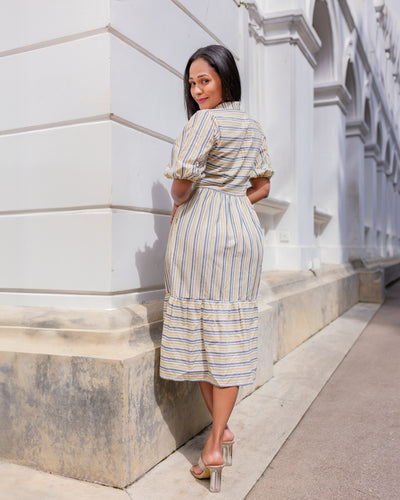 Isla Midi Dress -Beige Stripe