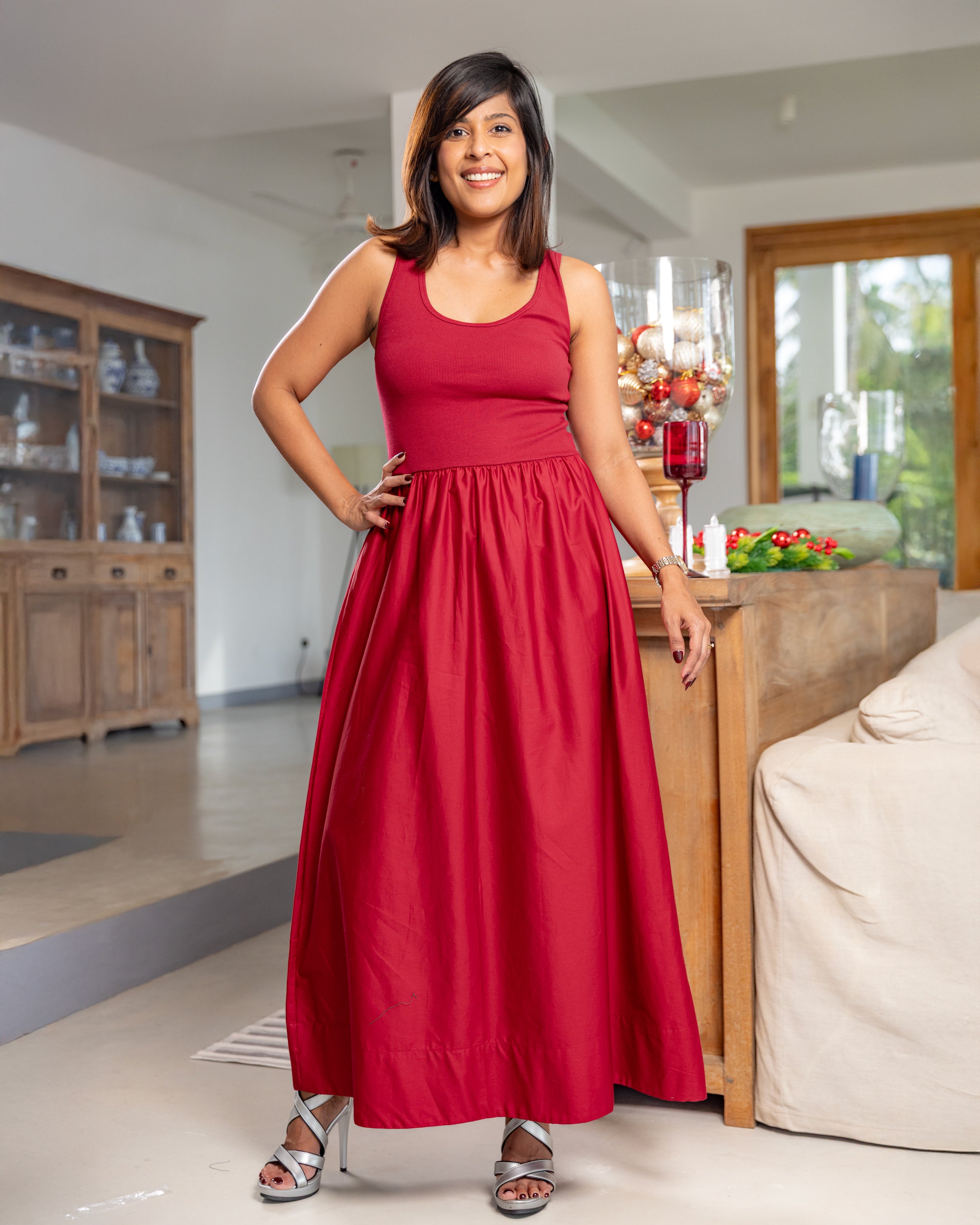 Midnight Carols Dual Wave Maxi Dress- Red