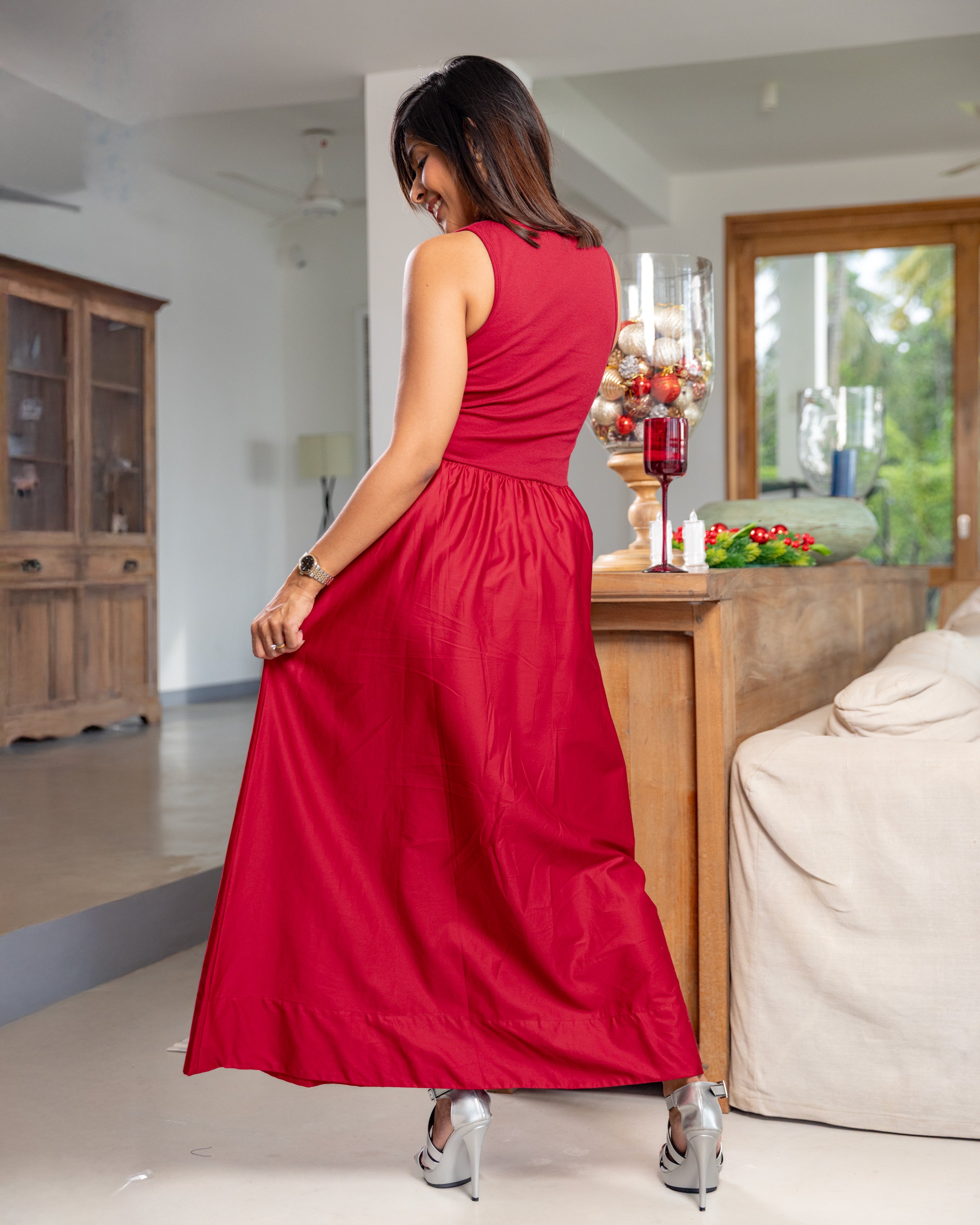 Midnight Carols Dual Wave Maxi Dress- Red