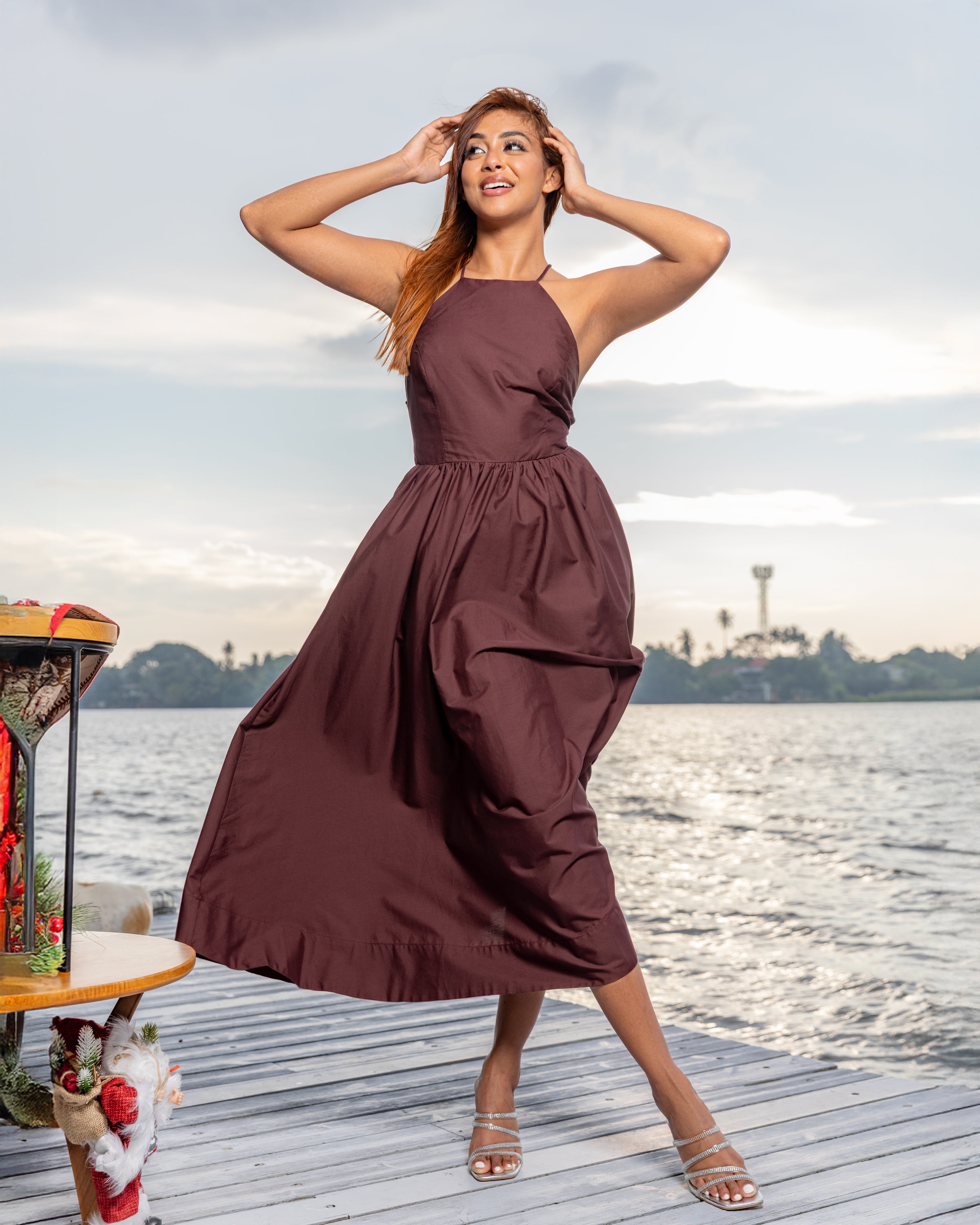 Velvet Starfall Cross Back Maxi Dress - Brown