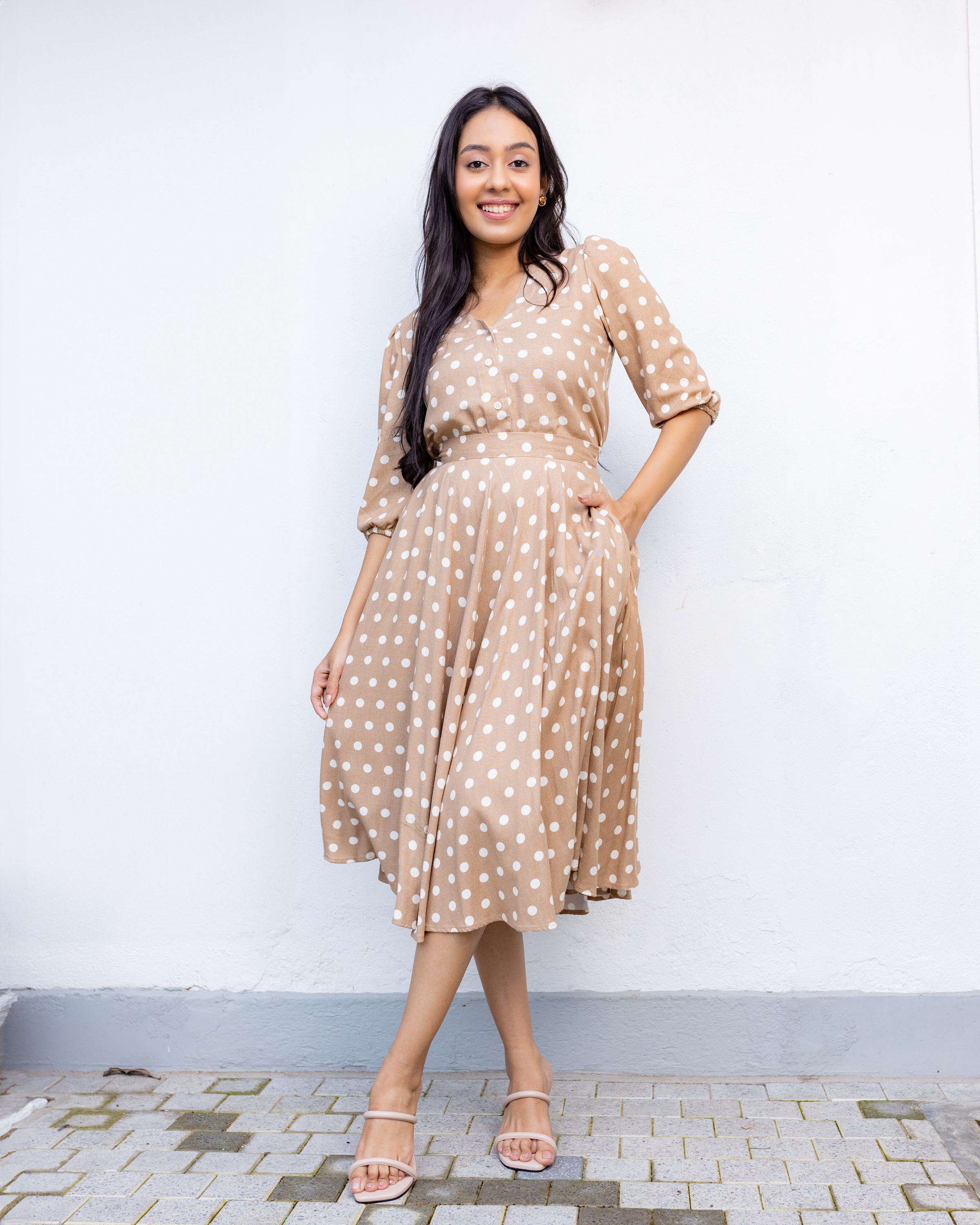 Elizabeth Polka Dotted Linen Skirt- Beige