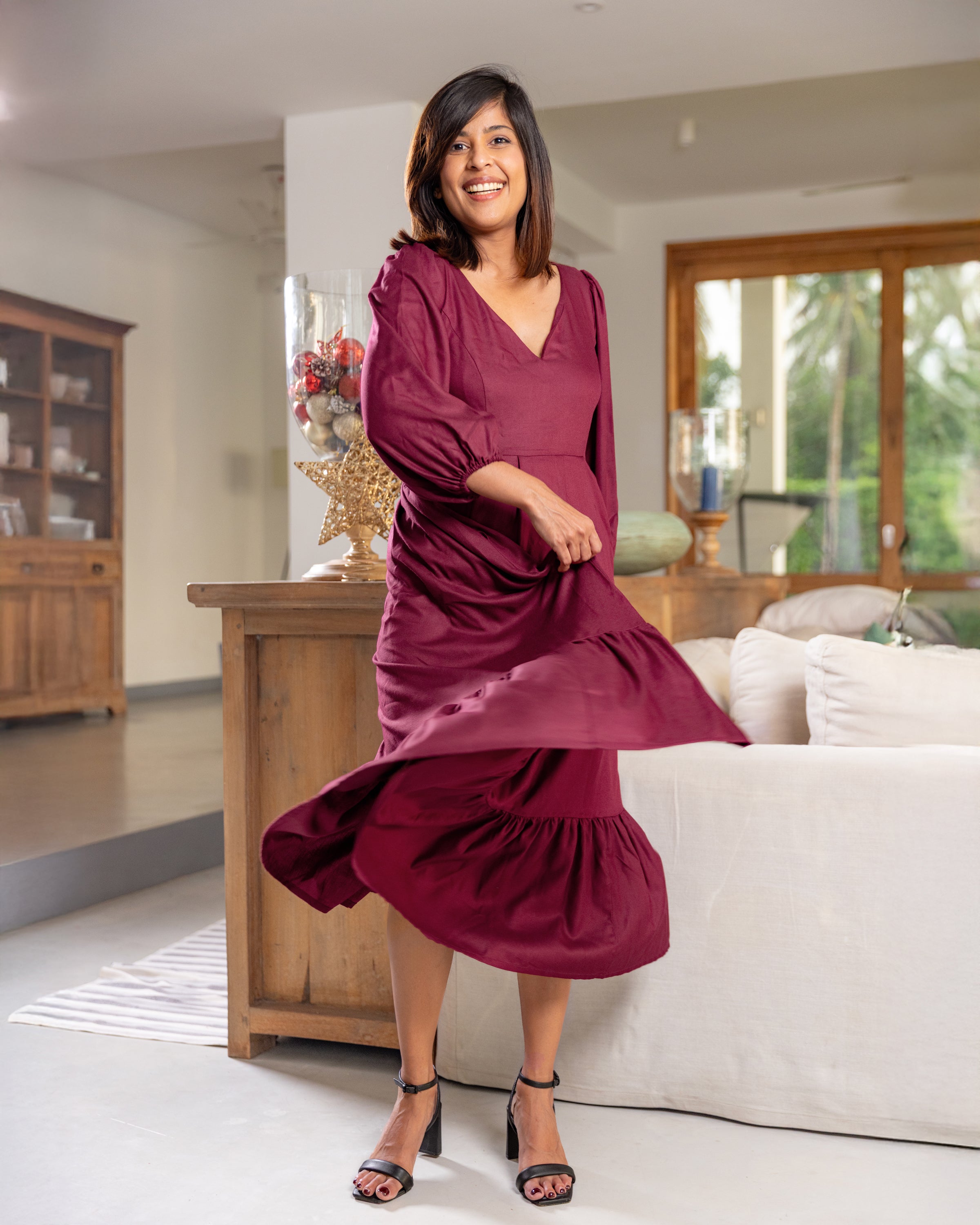 Audrey Flared Midi Dress - Burgundy