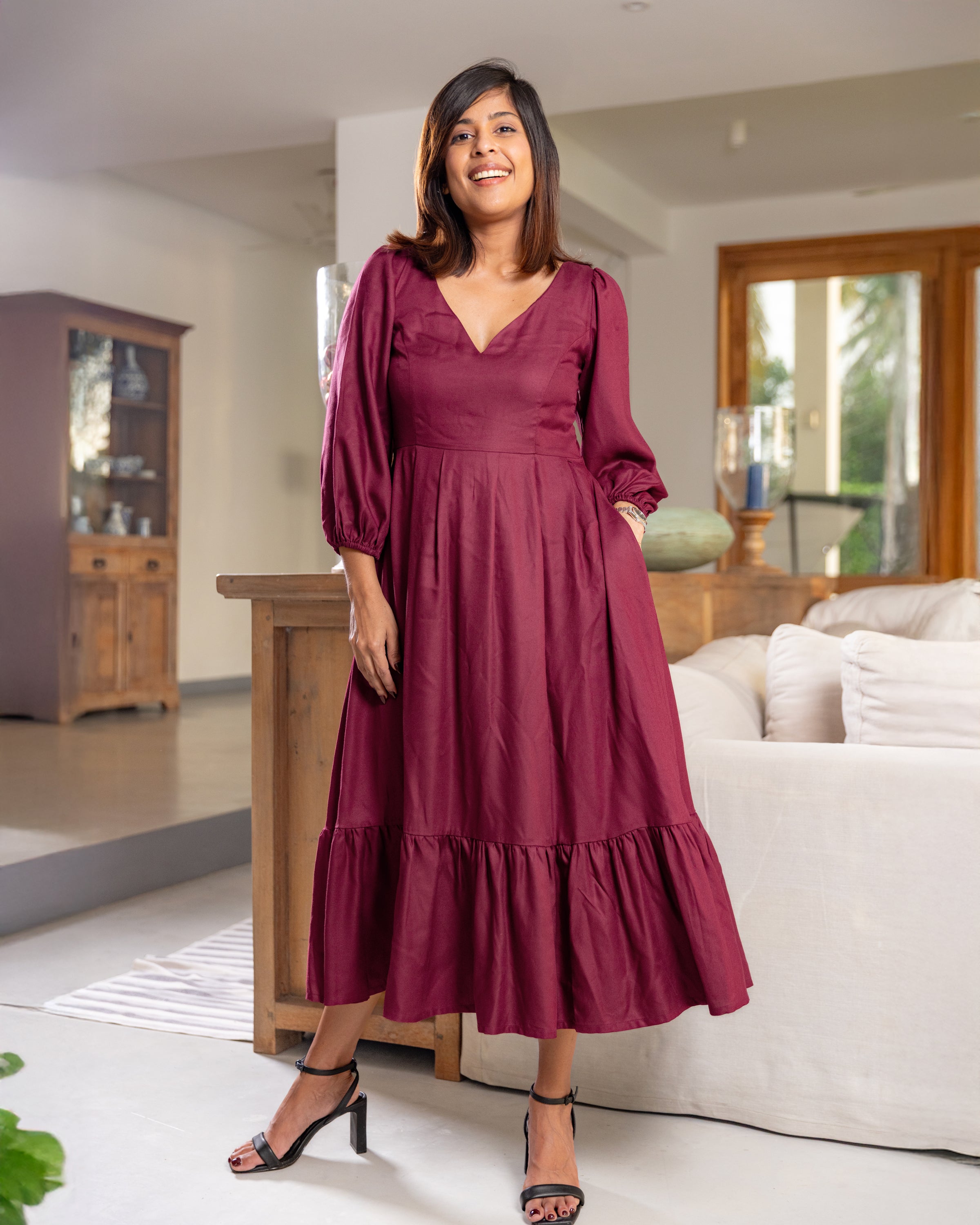 Audrey Flared Midi Dress - Burgundy