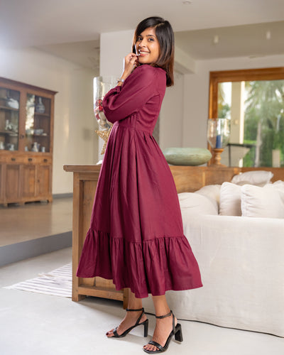 Audrey Flared Midi Dress - Burgundy