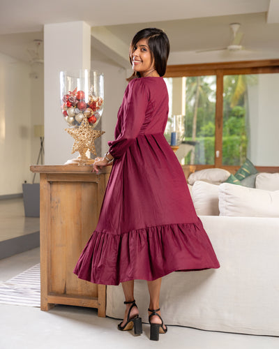 Audrey Flared Midi Dress - Burgundy