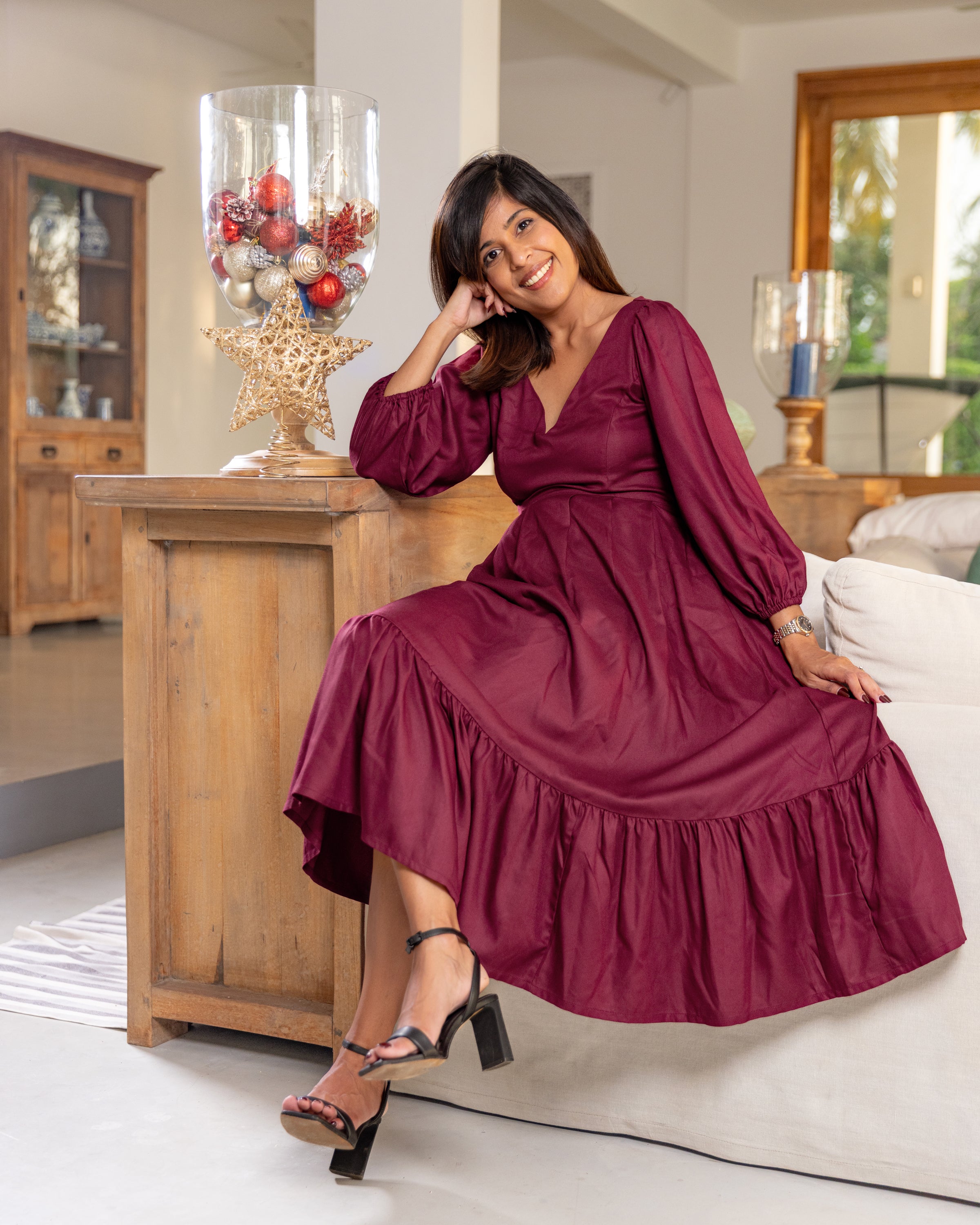 Audrey Flared Midi Dress - Burgundy