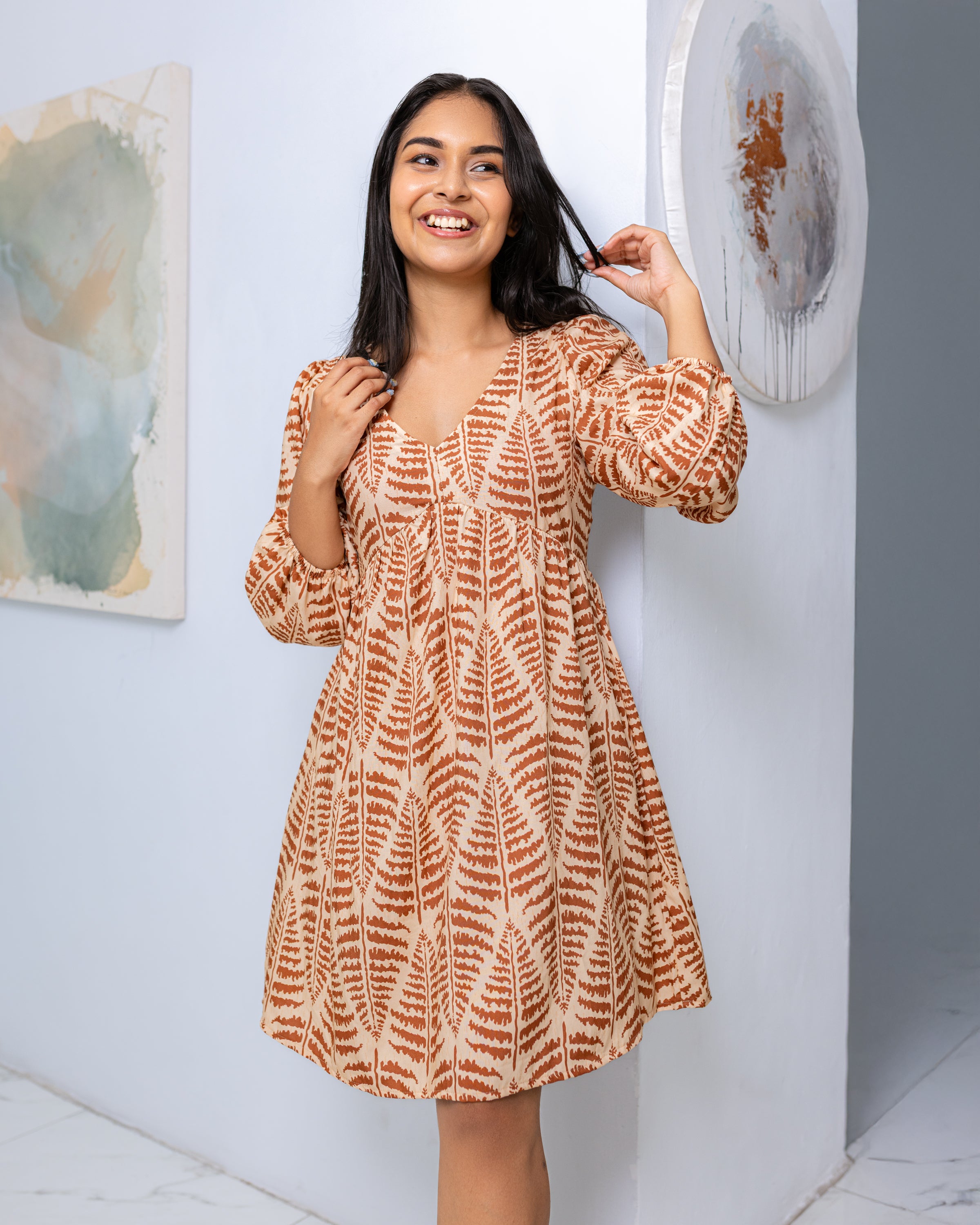 Hallie Printed Mini Dress- Brown