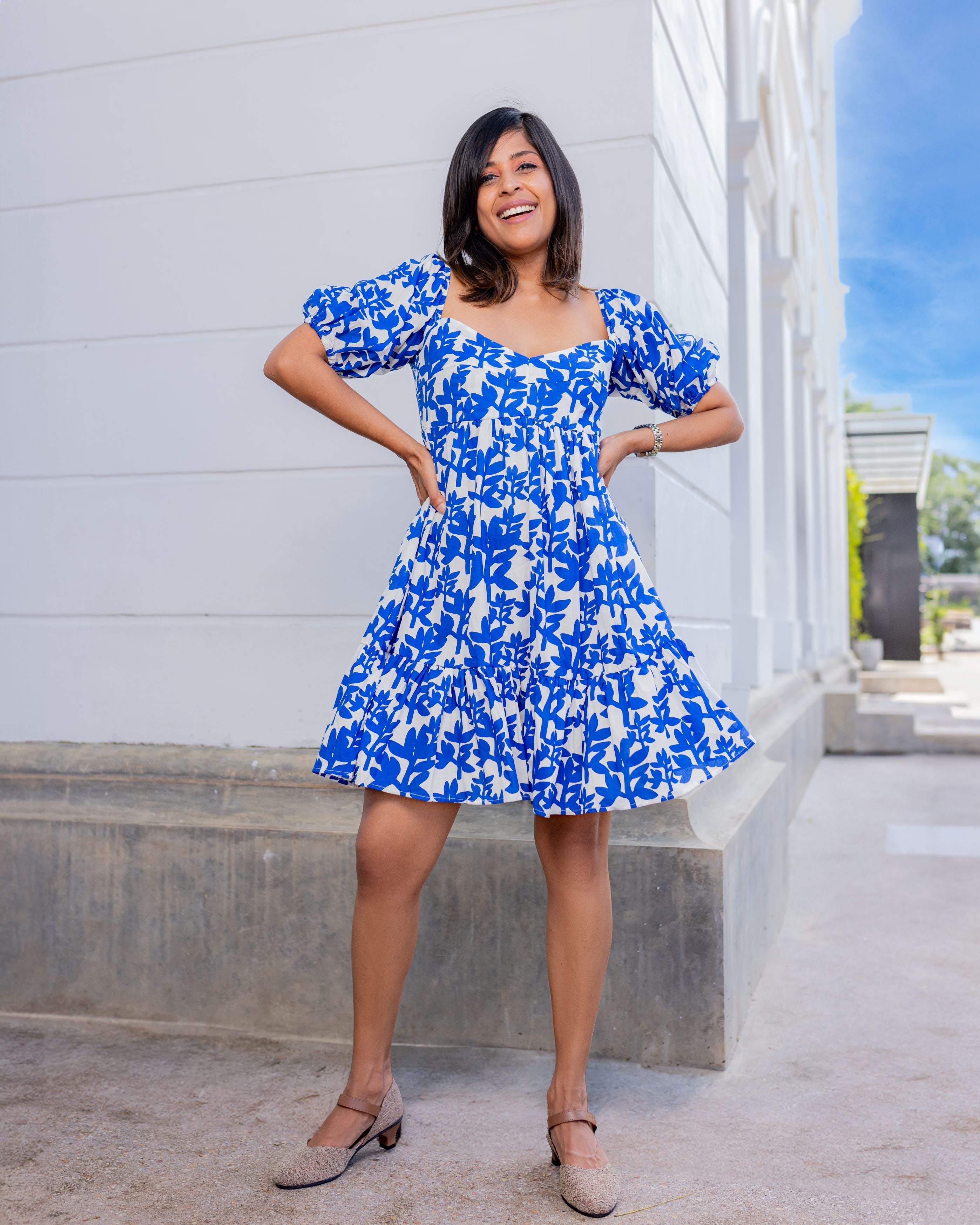 41 selling Hawthorne Keziah Blue Green Geometric Print Smocked Dress Large