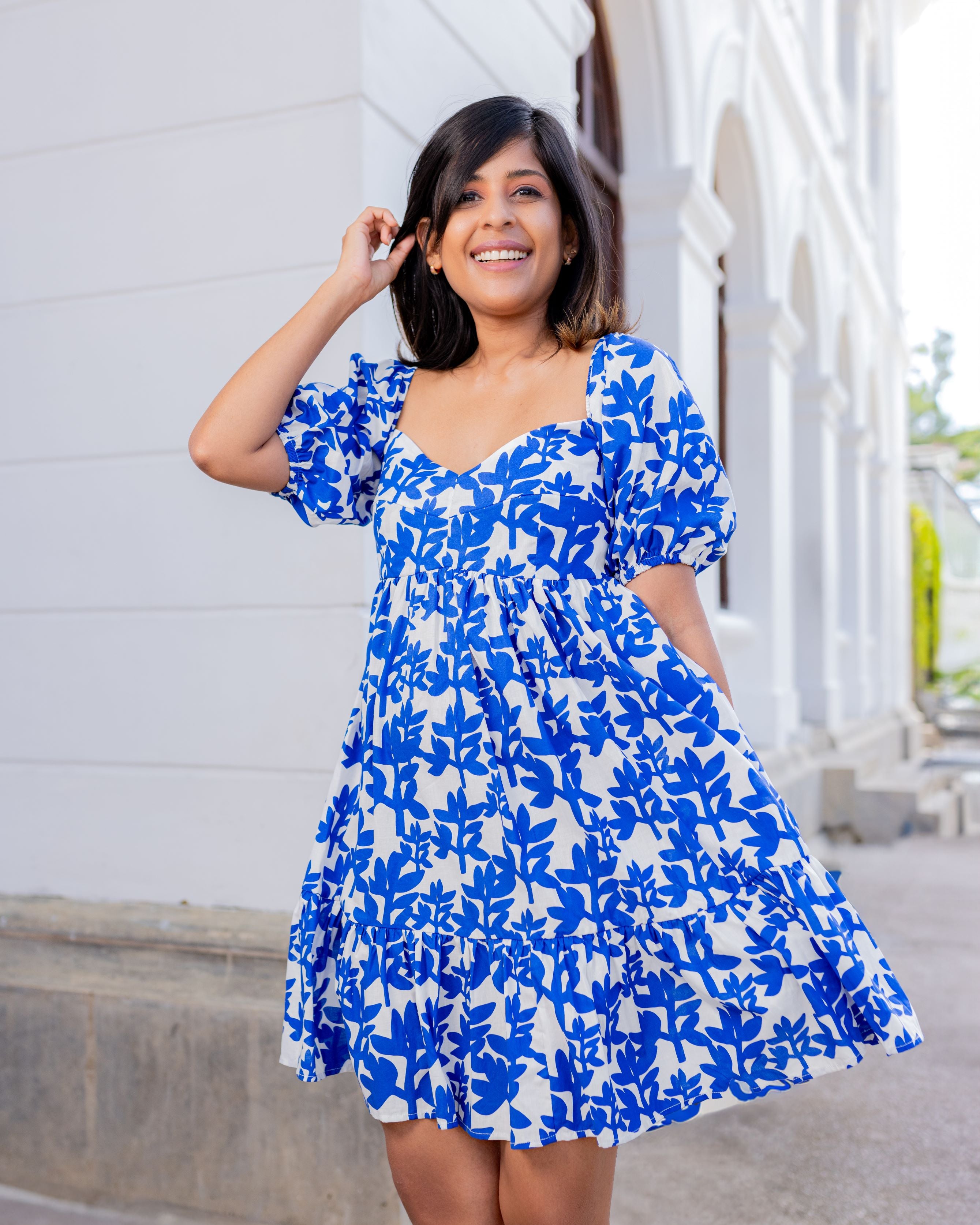 Heidi Smocked Frill Dress -Blue Printed