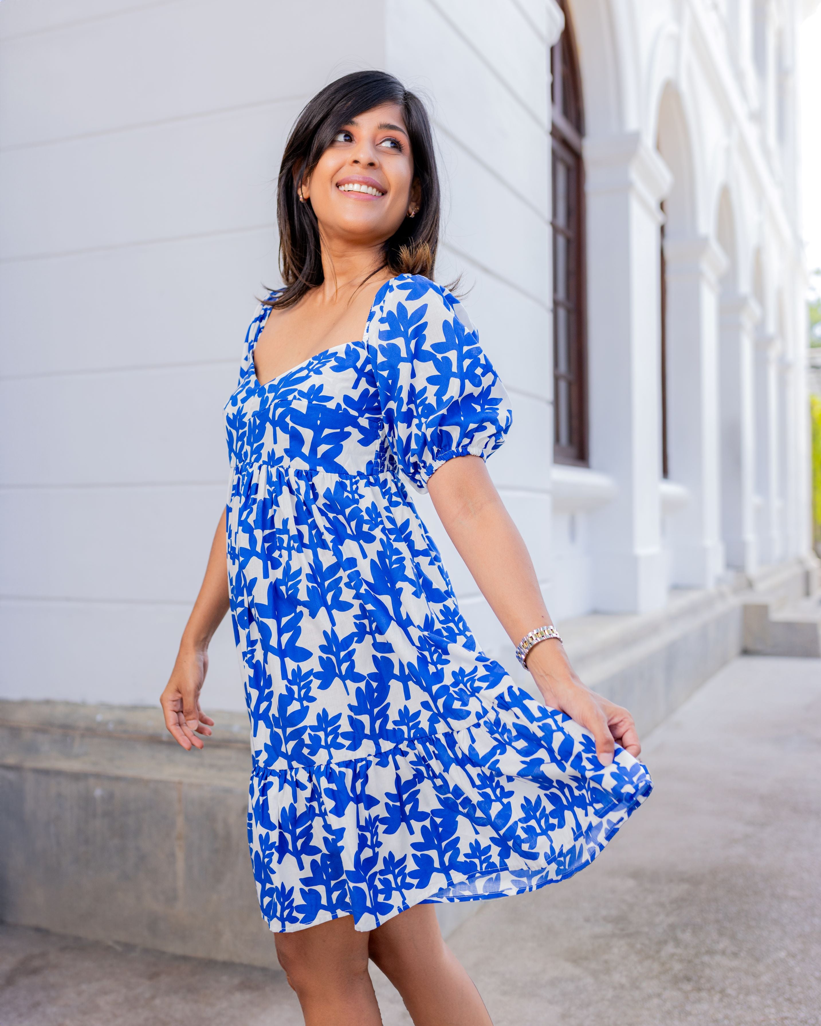 Heidi Smocked Frill Dress -Blue Printed