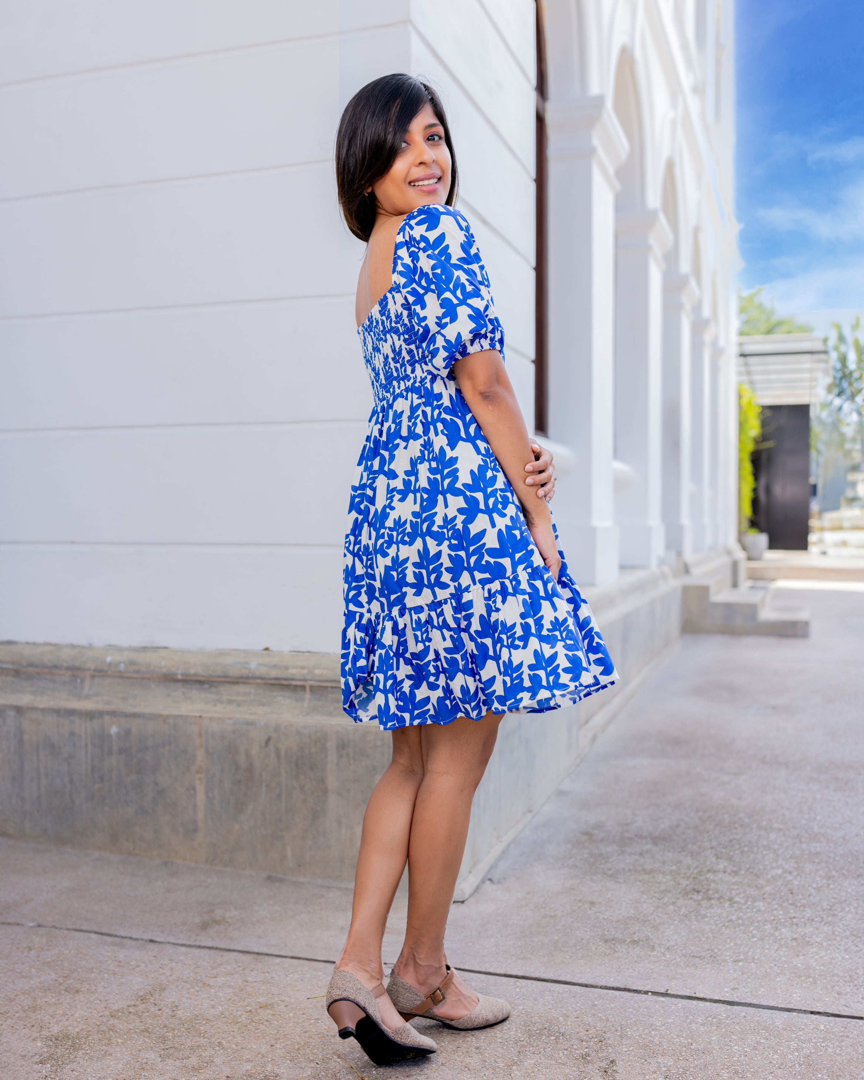 Heidi Smocked Frill Dress -Blue Printed