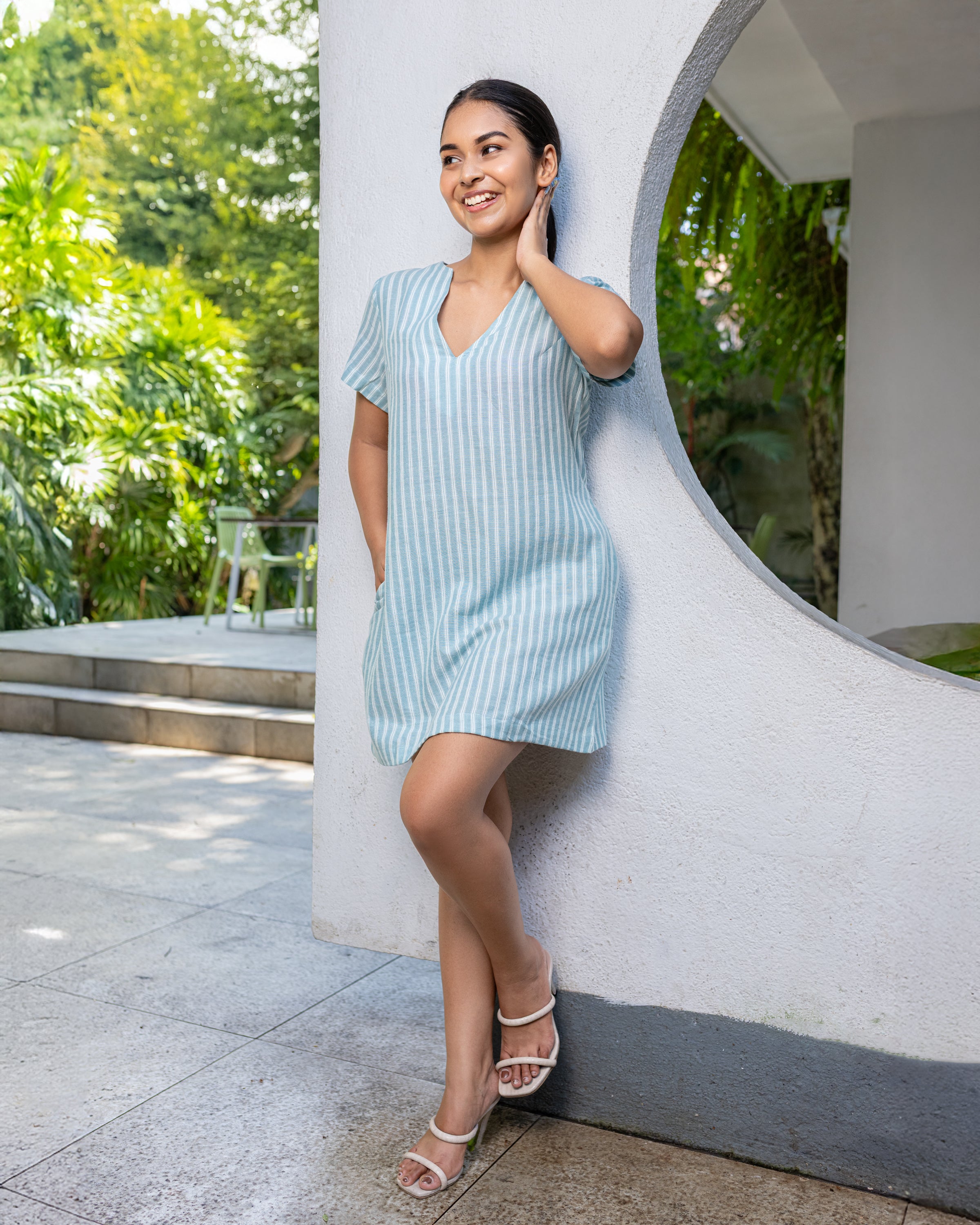 Emma Linen Workwear Mini Dress - Blue Stripe