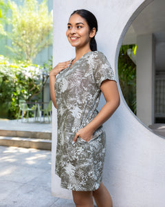 Emma Linen Workwear Mini Dress - Green Print
