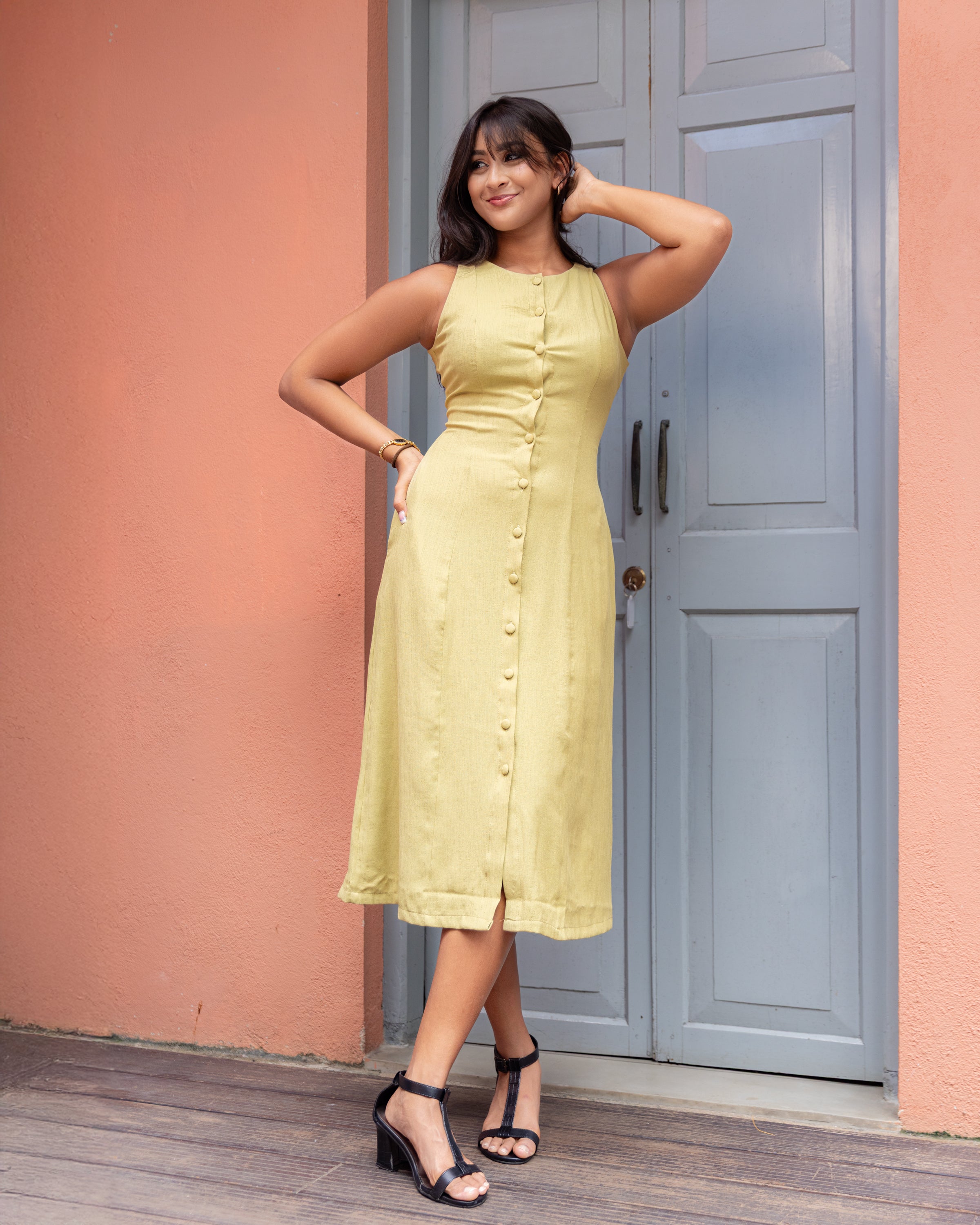 Aheli Cotton Button Down Dress - Butter Lemon