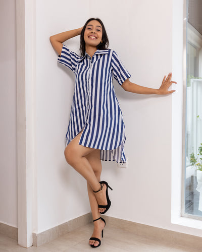 Joy Shiift Dress -Dark Blue Stripe